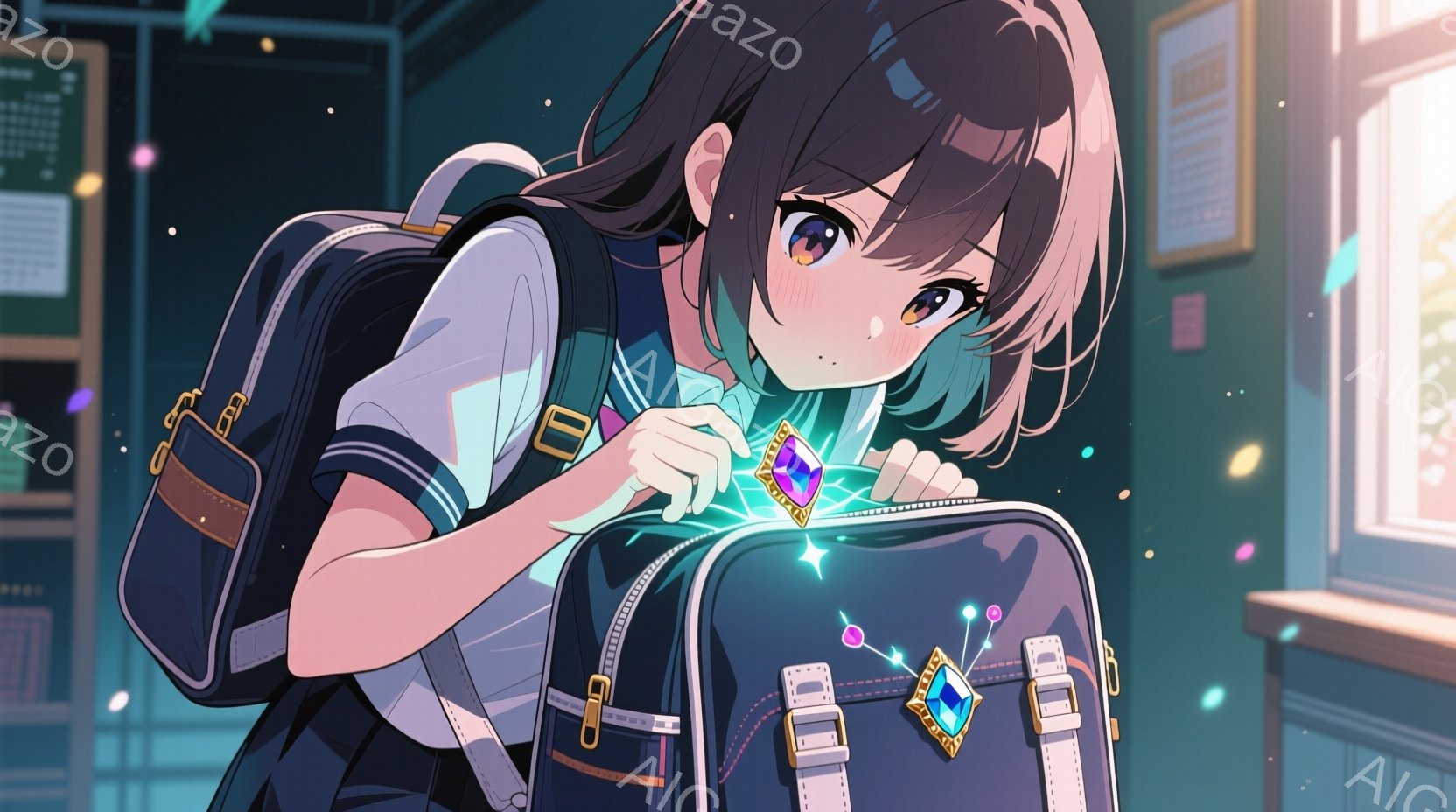 茶色の髪を肩まで伸ばした少女が、黒いランドセルから青い宝石のようなピンバッジを取り出しています。彼女は白いブラウスとネクタイ、紺色のスカートを着用しており、少し頬を赤らめて微笑んでいます。背景には、教室らしき場所と窓から差し込む光があり、全体的に明るく、ファンタジーのような雰囲気です。