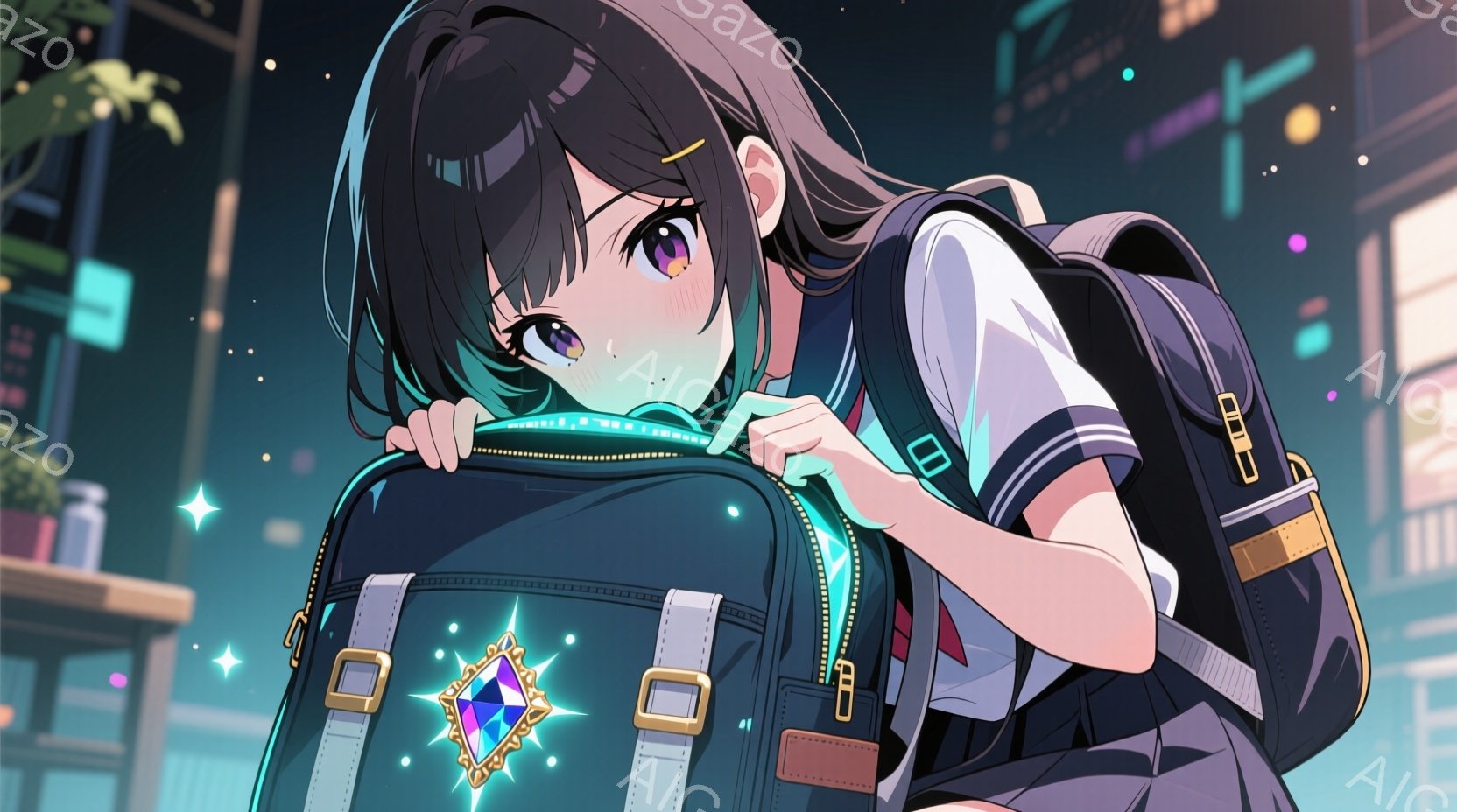 リュックサックを背負った若い女性を描いています。彼女はダークブラウンのショートヘアで、紫色の瞳を持ち、少し微笑んでいます。背景には、ネオンライトが輝く都市の夜景がぼやけて見え、全体的に幻想的で活気のあ - AI生成フリー素材