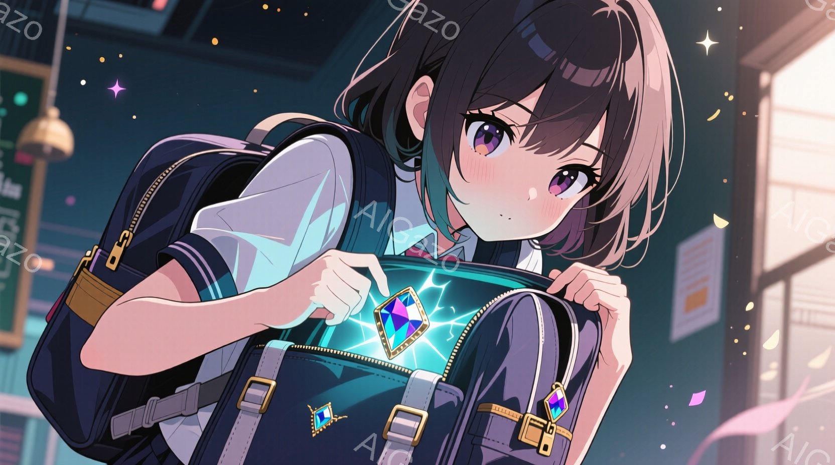 茶色のショートヘアの少女が描かれており、紺色の制服に白いシャツを着ています。彼女はリュックサックを開け、青く光る宝石を取り出そうとしており、少し頬を赤らめています。背景には、ぼやけた都市の夜景が広がり - AI生成フリー素材