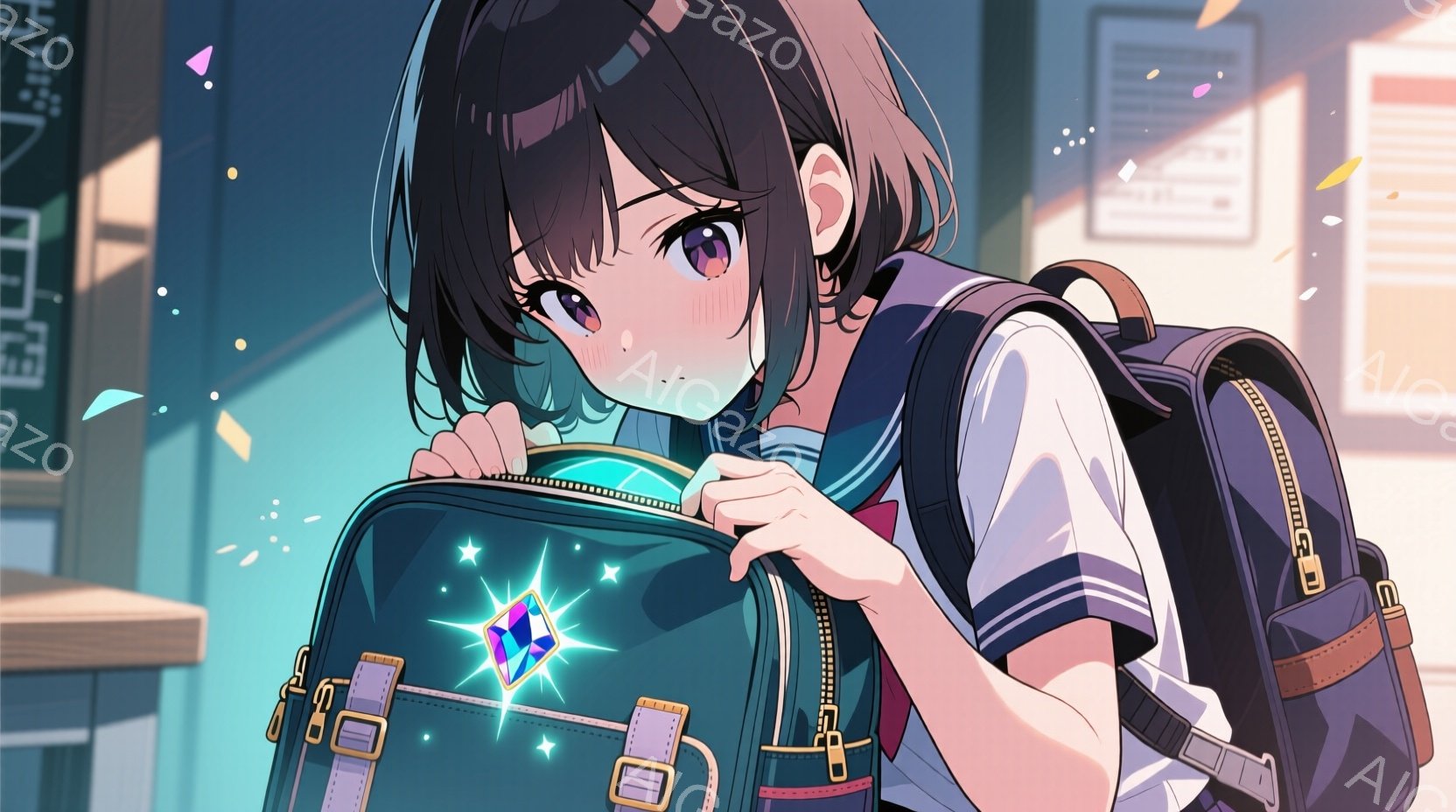 1. 人物：日本のアニメーションスタイルのキャラクター。黒髪、ツートーンカラーの学生服、驚き表情、手を顔に乗せる様子。 2. 動作：鞄の扉を開けて、中から光が飛び出している。 3. 背景：校庭風の場所 - AI生成フリー素材