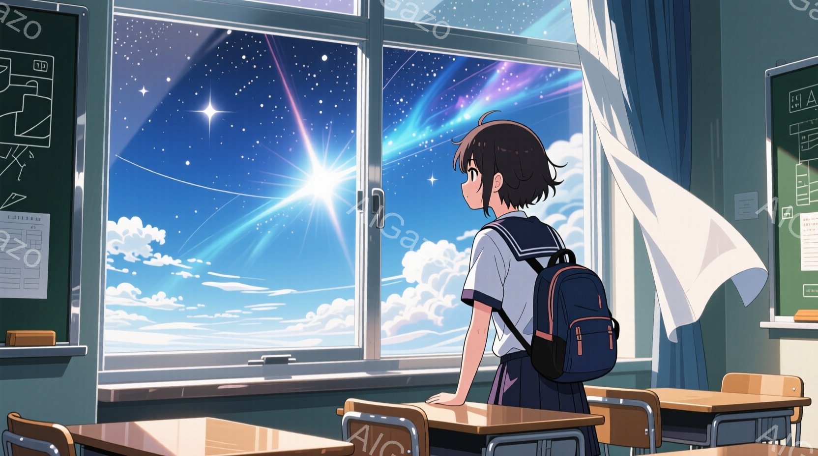 教室の窓辺に立つ少女が描かれています。彼女は紺色のブレザーに白いシャツ、赤いリボンを着用し、黒いリュックサックを背負っています。窓の外には、雲海と星空が広がり、強い光が差し込んでいる様子から、希望と少 - AI生成フリー素材