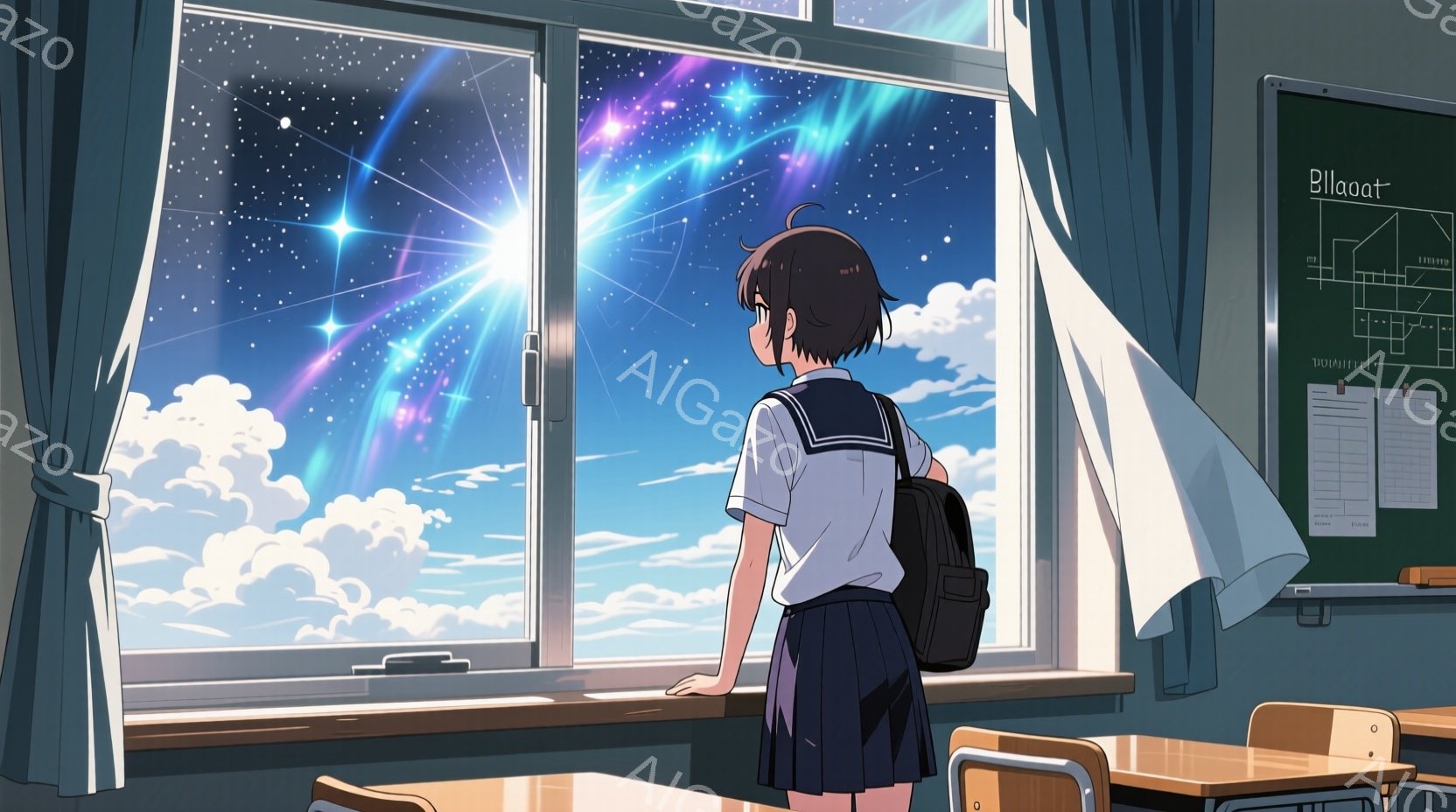 少女は教室の窓際に立ち、雲海と夜空を見つめている。紺色のセーラー服とスカート、肩にかかったリュックサックを身につけ、黒髪を後ろで束ねている。窓の外には雲の間から輝く星空が広がり、幻想的な雰囲気を醸し出 - AI生成フリー素材
