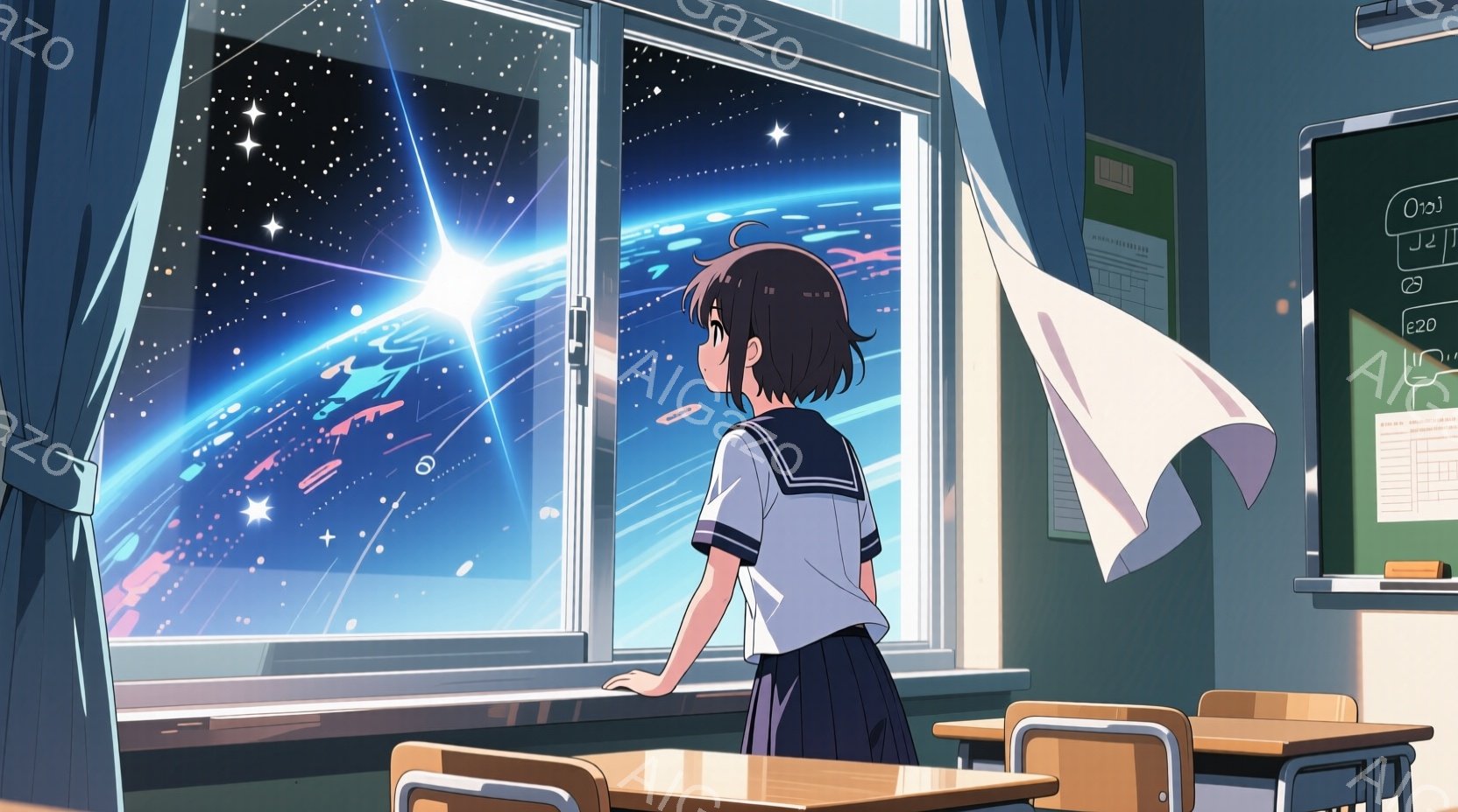 教室の窓際に立つ少女が描かれています。彼女は紺色のセーラー服を着ており、茶色の短い髪は肩にかかっています。窓の外には、星雲や惑星が輝く宇宙が広がり、彼女は少し上目遣いで、静かにその光景を見つめています。