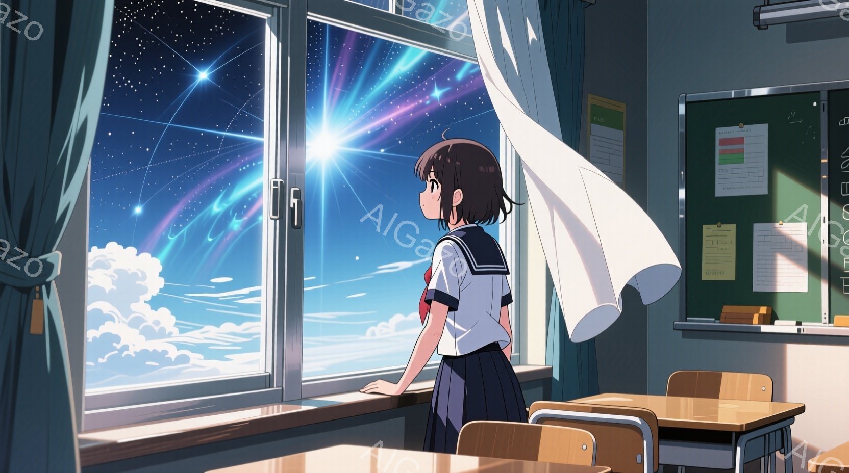 女の子は教室の窓辺に立ち、雲海と夜空を見つめている。紺色のブレザーに白いシャツ、赤いリボンが特徴的な制服を着ており、黒髪のショートボブヘアを揺らしている。教室には木製の机と椅子が並び、黒板には何らかのメモが貼られており、幻想的で少し物憂げな雰囲気が漂っている。