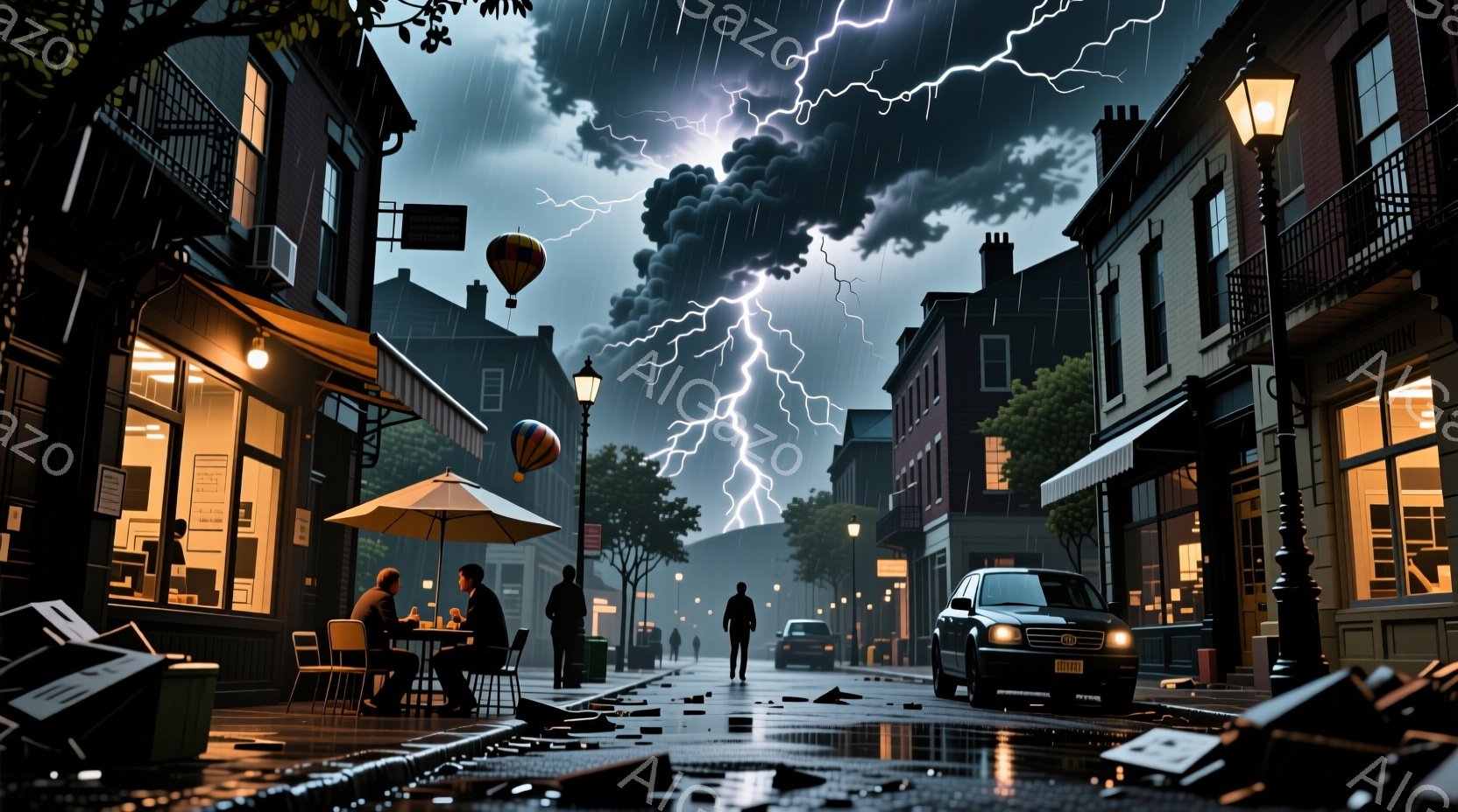 雨が降りしきる夜の街並みが描かれています。カフェのテラス席には数人が座り、雨宿りをしながら談笑しているようです。建物はレンガ造りで、街灯が雨に濡れた道を照らし、遠くには稲妻が光る嵐の空が広がっています。