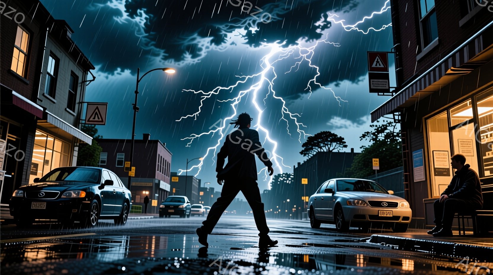 雨の夜、一人の男性が街路を歩いている。彼は黒い服を着て、後ろで髪を束ねており、歩くことでエネルギーを感じさせるシルエットになっている。背景には建物や車が並び、雨に濡れた路面が光を反射し、稲妻が空を切り裂く様子が、緊迫感とドラマチックな雰囲気を醸し出している。