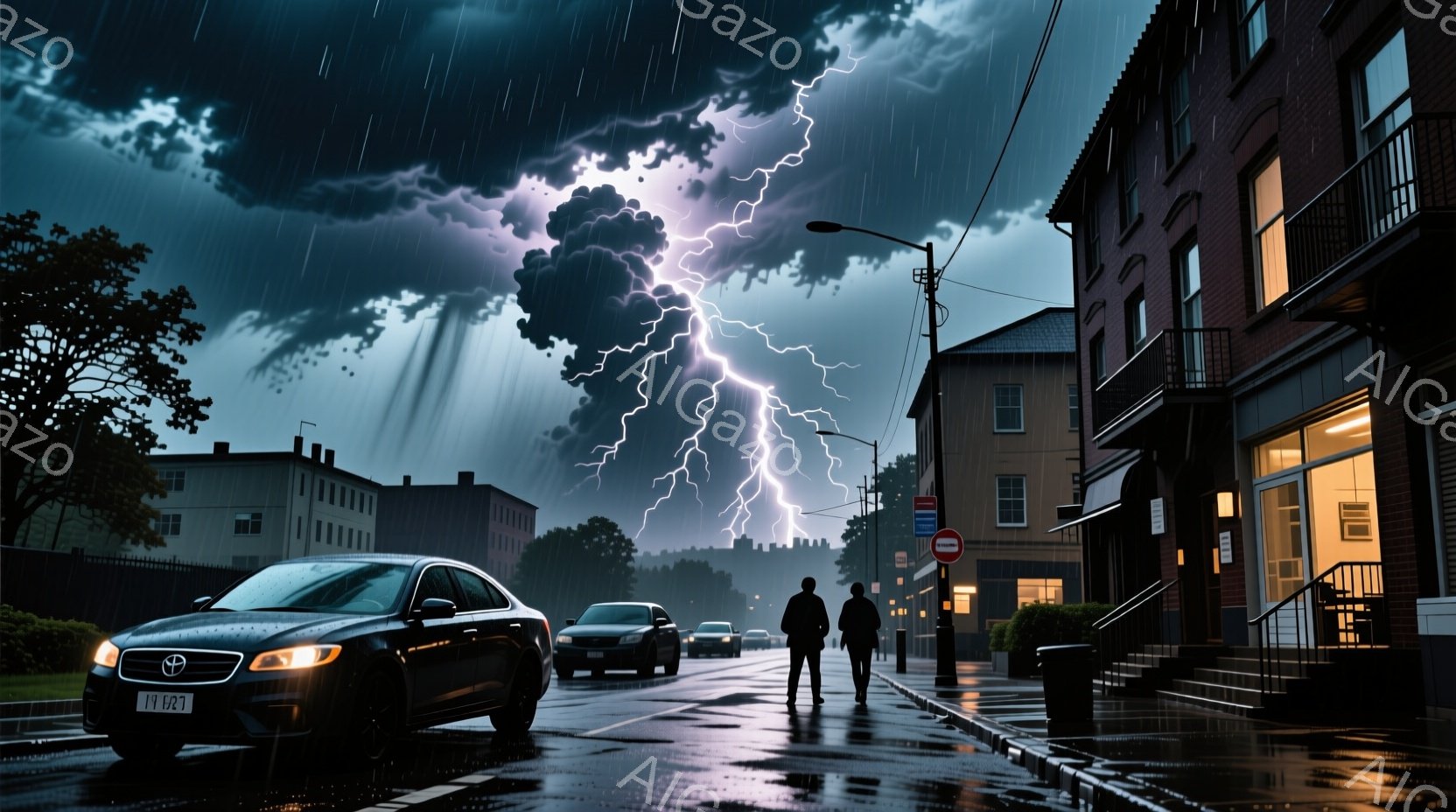 住宅街の夜、激しい雨と稲妻が街を照らしている。二人の男性が道路の真ん中に立っており、黒いコートを着ており、後ろ姿からは表情は読み取れないが、稲妻に照らされた姿は緊張感を漂わせている。背景にはレンガ造り - AI生成フリー素材