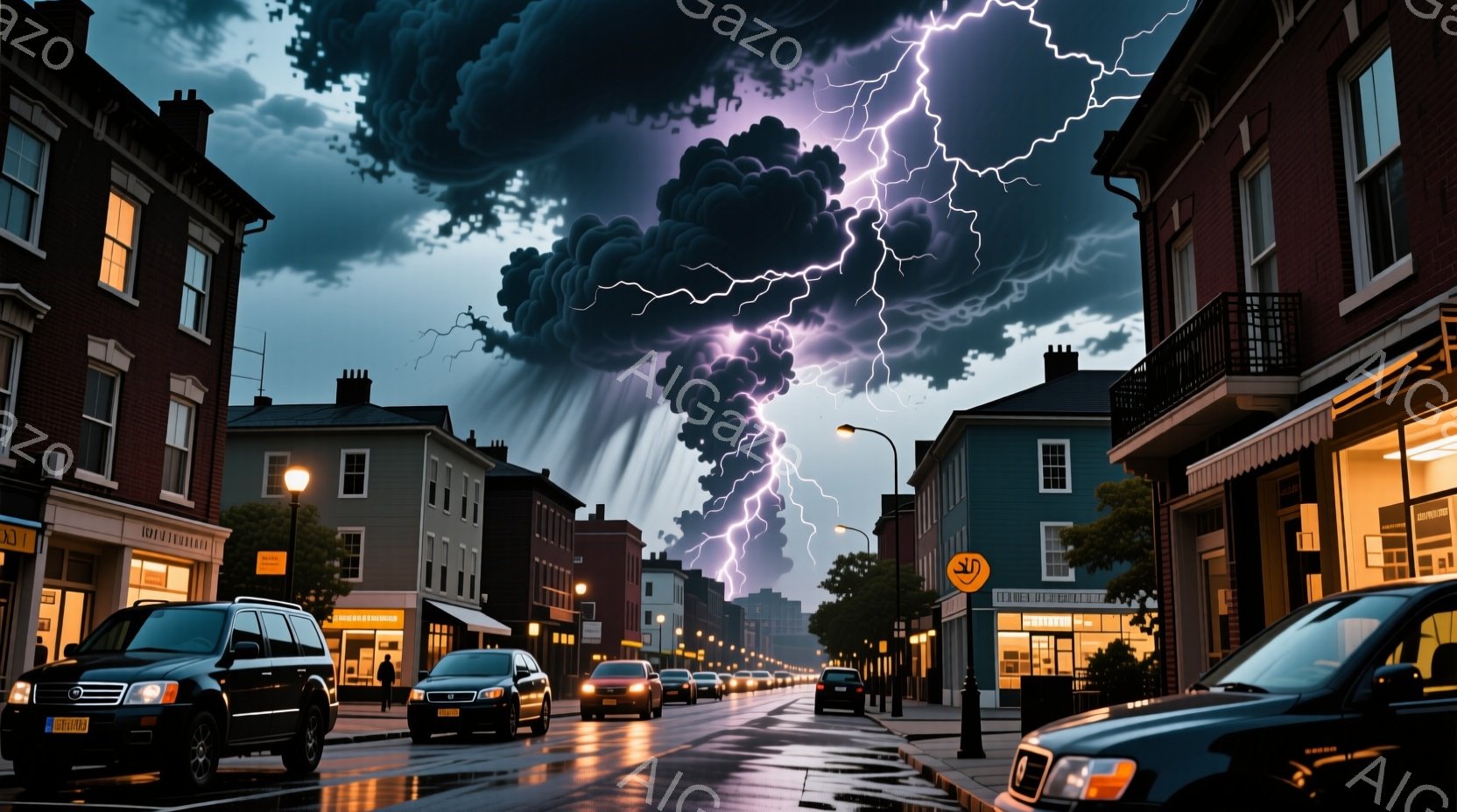 街は雨に濡れ、雷雨に見舞われている。建物はレンガ造りで、古いアメリカの町並みを思わせる。空は暗雲に覆われ、稲妻が激しく光り、緊迫感とドラマチックな雰囲気を醸し出している。