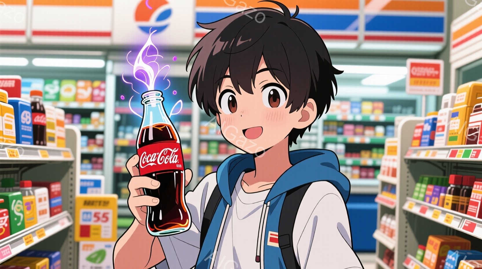 若い男性がコカ・コーラのボトルを手に持ち、満面の笑みを浮かべている。彼は白いTシャツに赤いバッグを背負い、黒髪を少し乱したヘアスタイルをしている。背景には、商品が並んだスーパーマーケットの棚が写っており、明るく活気のある雰囲気が感じられる。