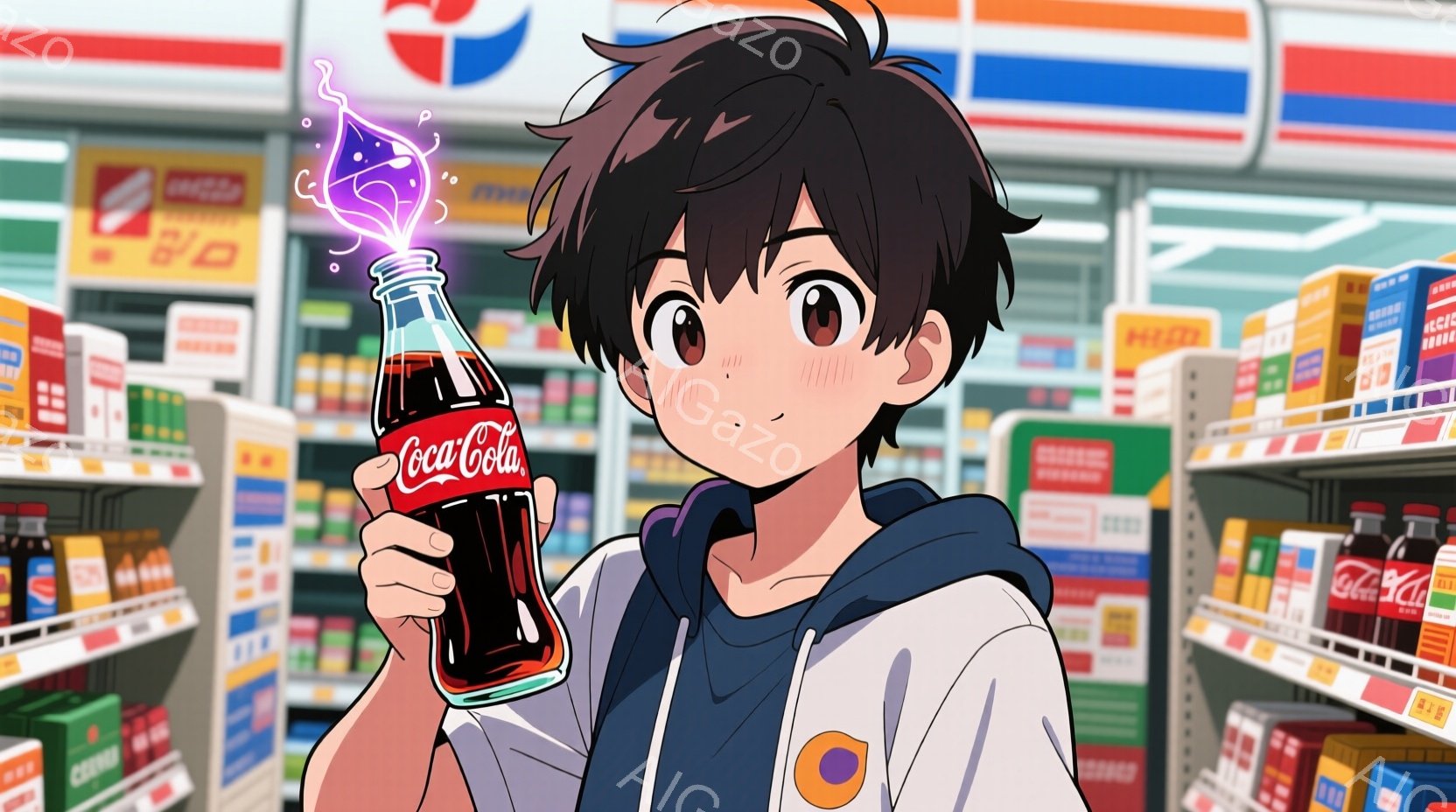 若い男性がコカ・コーラのボトルを手に、少し頬を赤らめて微笑んでいます。彼は青と白のパーカーを着ており、黒い髪は少し無造作にセットされています。背景には、コカ・コーラのボトルが並んだスーパーマーケットの棚があり、明るく活気のある雰囲気が漂っています。