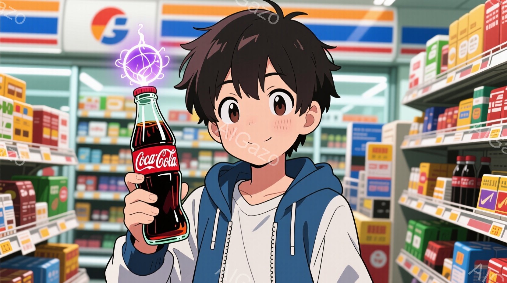 若い男性がスーパーマーケットの棚の前でコカ・コーラのボトルを持っている。彼は白いTシャツと青いパーカーを着ており、黒髪で少し乱れた髪型をしている。彼の表情は楽しそうで、コカ・コーラのボトルから立ち上る蒸気を見ている。