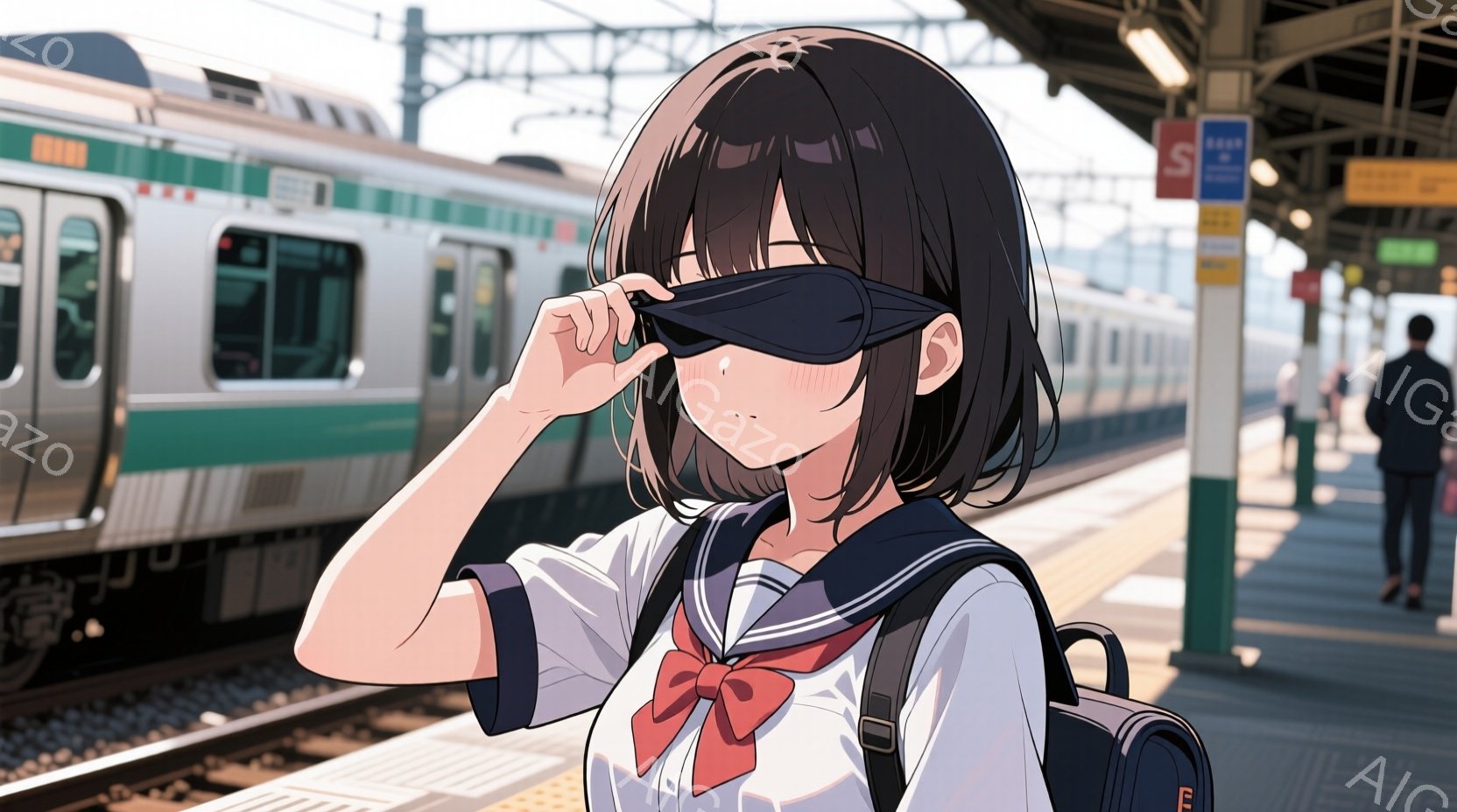 短い黒髪の少女が、駅のプラットフォームに立っている。彼女はセーラー服を着ており、赤いリボンが特徴的だ。彼女は目を覆っており、少し恥ずかしそうな表情をしている。
