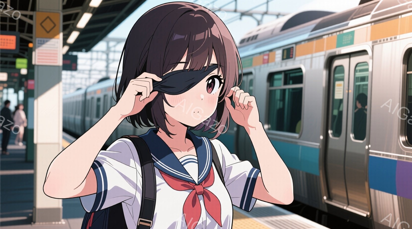 制服を着た若い女性が描かれており、短い茶色の髪は肩のあたりでカットされ、前髪が少し目にかかっています。彼女は両手で目を覆っており、少し恥ずかしそうな表情をしています。背景には、電車が停車している駅のプラットフォームがあり、他の人々もぼんやりと見えます。