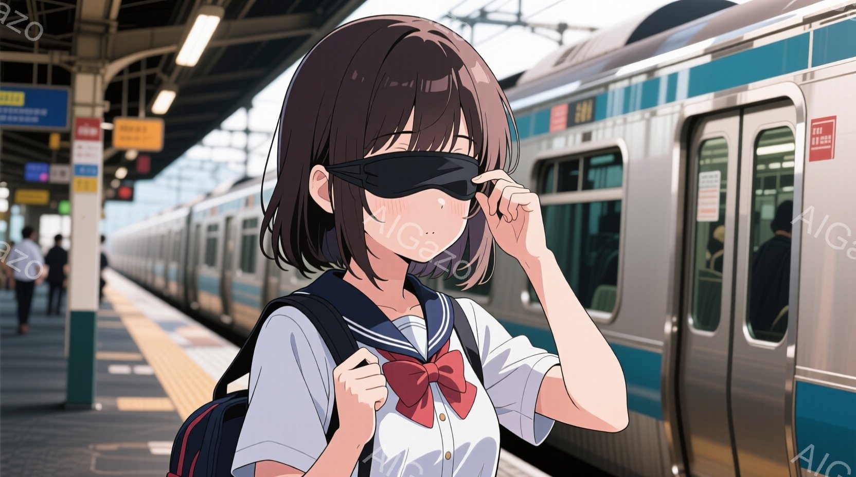 茶色のショートヘアの女子高生が描かれており、制服姿で、赤いリボンとセーラーカラーが特徴的です。彼女は黒いバックパックを背負い、片手で目を覆っています。背景には鉄道のプラットフォームと列車が見え、晴れた - AI生成フリー素材