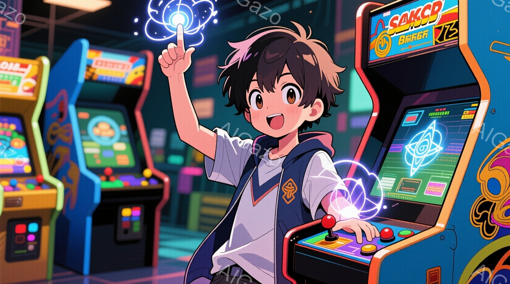 見開きのゲーム機に向かい、少年が片手を上げて光の球を操っているイラストです。彼は紺色のセーターベストに白いシャツを着ており、黒髪で前髪が少し垂れています。背景には、カラフルなアーケードゲーム機が並び、 - AI生成フリー素材