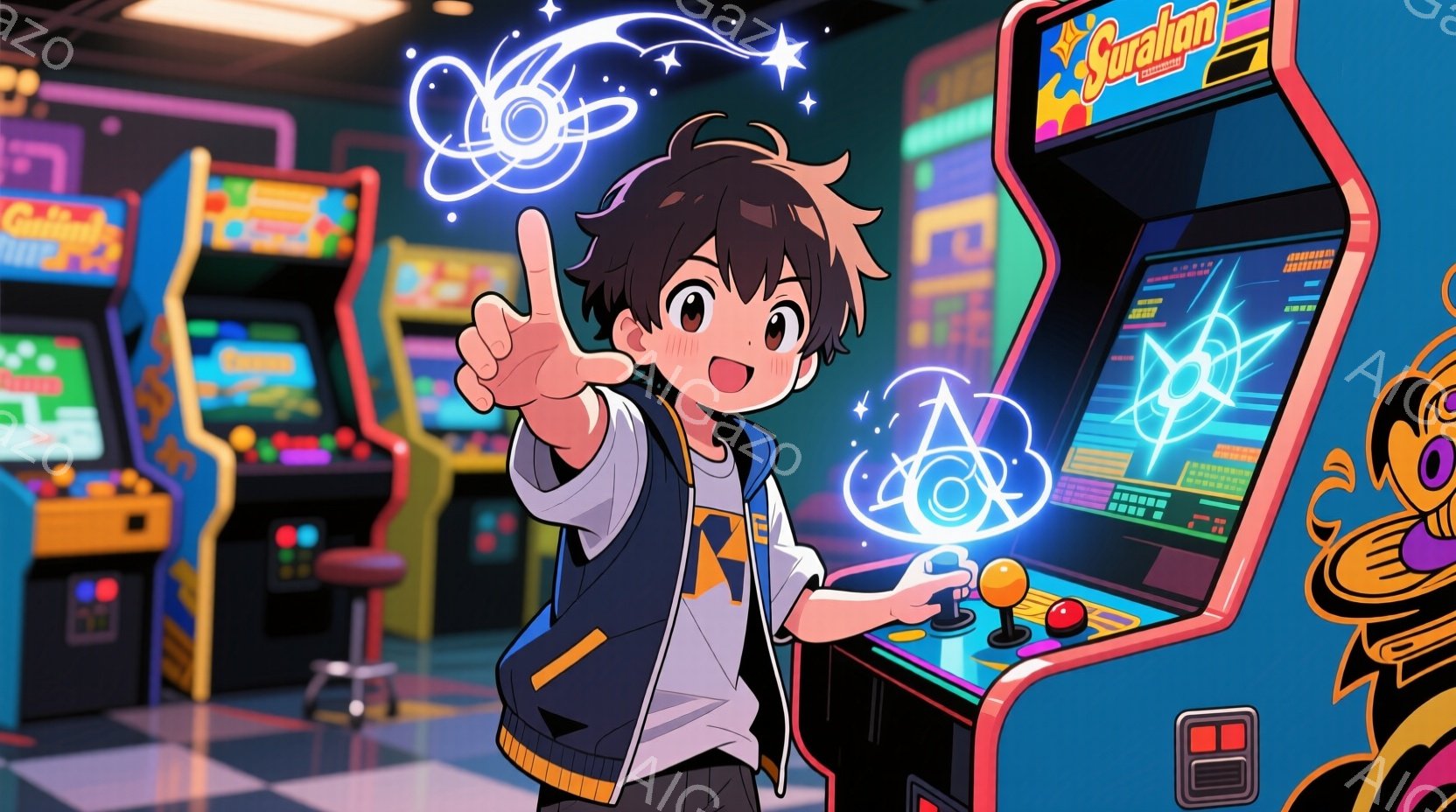 若い少年がゲームセンターでゲームを楽しんでいる様子が描かれています。彼は黒髪で、白いTシャツに青いジャケット、黒いズボンを着用しており、片手を上げてゲームの画面に映る光る球体を見つめています。背景には他のゲーム機が並び、明るく活気のあるゲームセンターの雰囲気が伝わってきます。