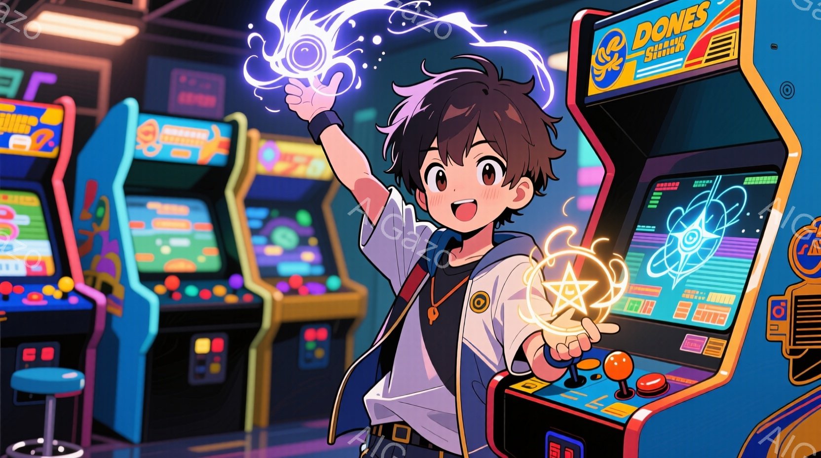 少年はゲームセンターでゲームに集中しており、片手を上げて勝利をアピールしている。彼は紺色のセーターに白いシャツ、そして赤いネクタイを着用しており、黒髪のヘアスタイルで、明るい笑顔を見せている。背景には - AI生成フリー素材