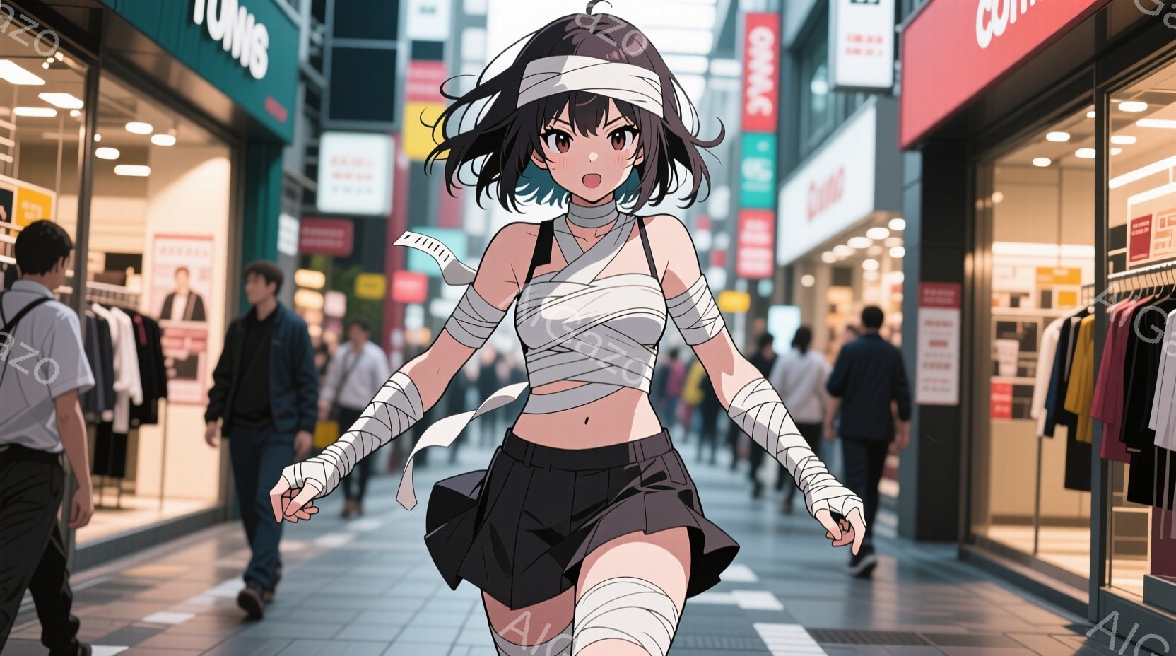 街中を歩く若い女性が描かれています。彼女は短い黒いスカートと白いトップスを着ており、腕と胸に包帯を巻いています。背景には、商店や通行人が見え、活気のある都会の雰囲気が漂っています。 - AI生成フリー素材