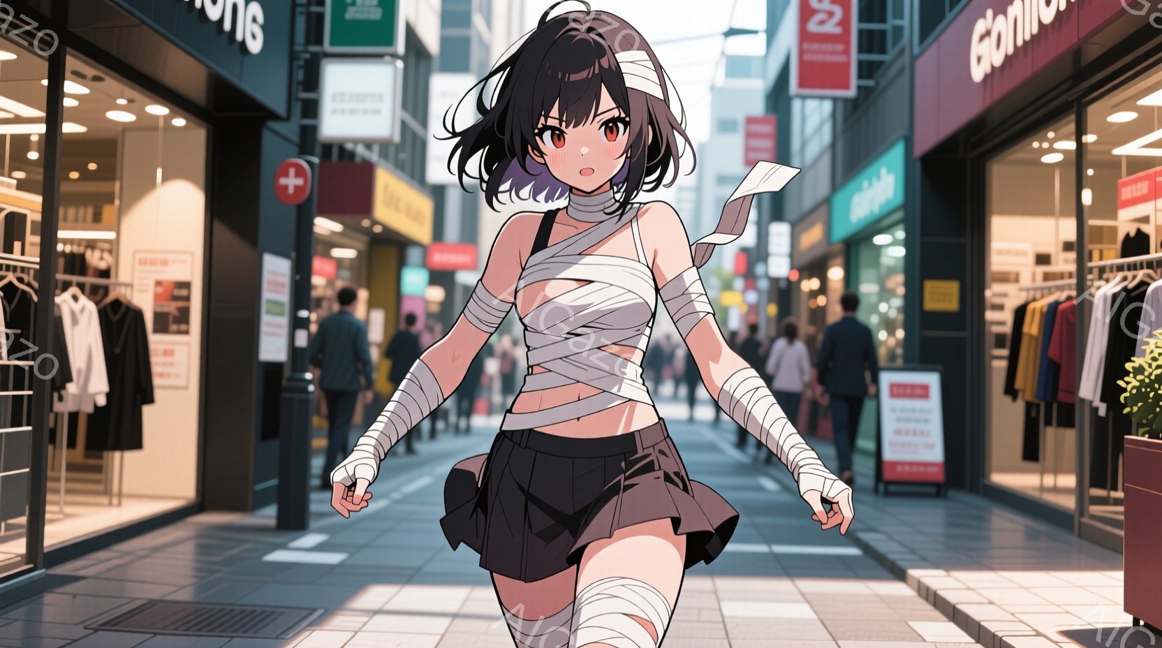 若い女性が商店街を歩いている。彼女は短いスカートと白い包帯のような布で胸と腕を覆っており、黒髪のウェーブヘアで、少し驚いたような表情をしている。背景には、商店や人々が並び、晴れた日の賑やかな雰囲気が感じられる。