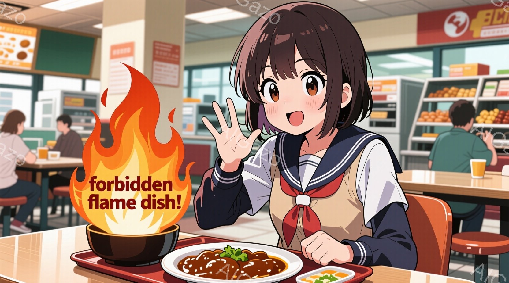 制服を着た若い女性が描かれています。彼女は黒髪で、肩まで届く長さの髪をしています。彼女は明るい表情で、片手を上げて何かを指し示しており、テーブルの上にあるカレーライスが炎に包まれています。