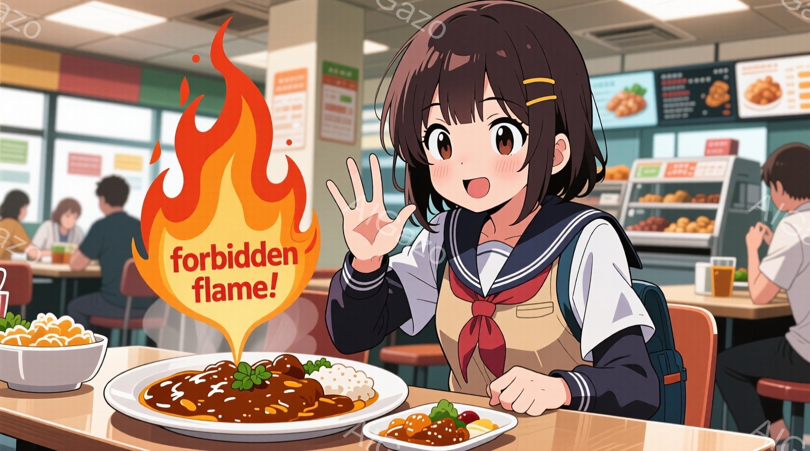 制服を着た茶髪の少女が描かれています。彼女は左手で何かを制止するような仕草をしており、驚いたような表情をしています。背景は学食のような場所で、カレーライスがテーブルに置かれ、その上に燃え盛る炎のイラストが重ねられています。
