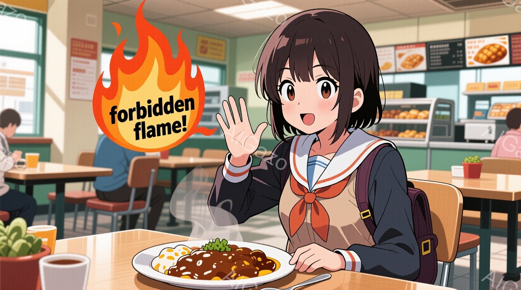 このイラストは「禁断の火」をテーマにしたものです。中心に座った女子学生が、前方から飛び立ちながら緊張している表情と動作を示しており、彼女は食事を楽しむことができなくなります。周りには食堂のような場所が描かれており、その照明やインテリアがイクリメントするように描かれています。背景には火と炎が勢いを増しているように描かれ、その雰囲気や印象は緊張感あふれるものになります。