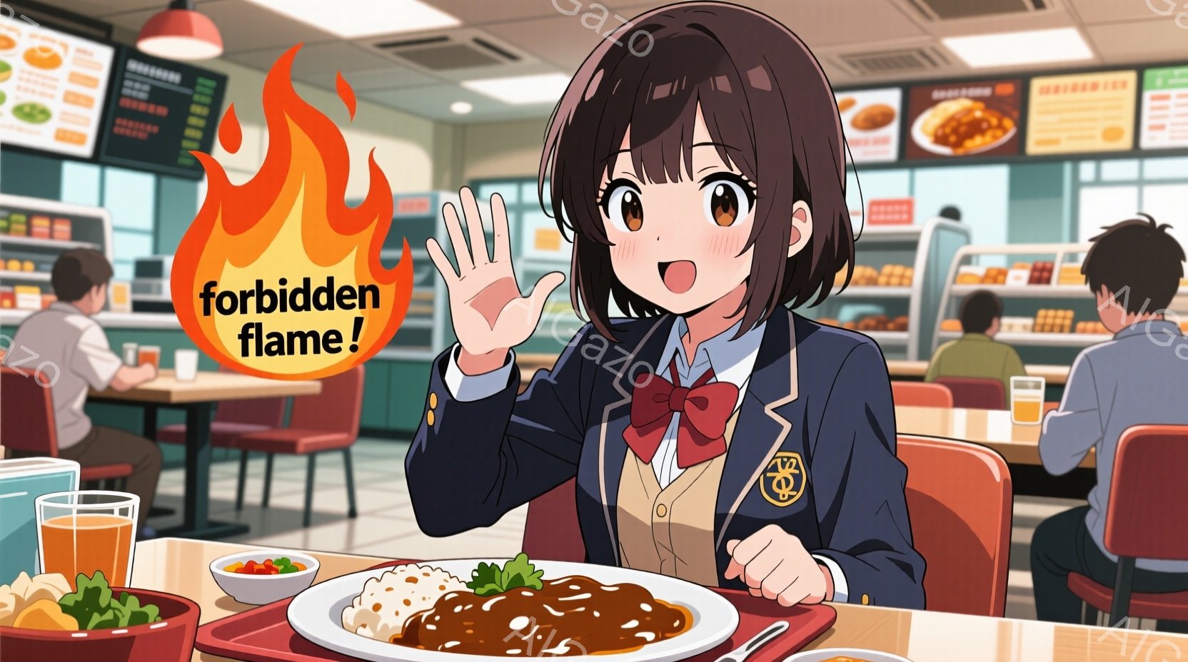 制服を着た少女が描かれています。彼女は黒髪のボブスタイルで、笑顔で手を振っており、赤いリボンがアクセントになっています。背景は学食のような場所で、他の生徒や料理のメニューが表示されており、明るく賑やかな雰囲気です。