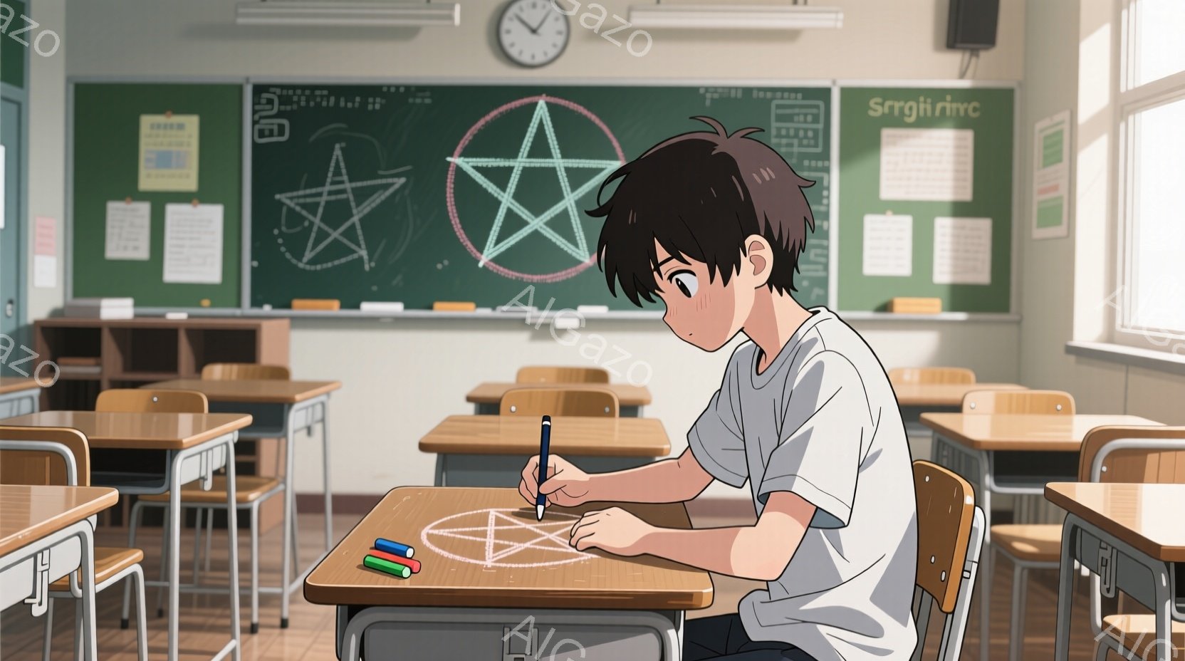 教室に座る少年が描いているのは、大きなペンタグラムだ。彼は白いシャツに紺色のズボンを着用し、黒髪を無造作に撫でつけた様子で、真剣な表情で図形を完成させようとしている。教室には机と椅子が整然と並び、黒板には何やら書き込みがあり、穏やかな昼下がりの雰囲気が漂っている。