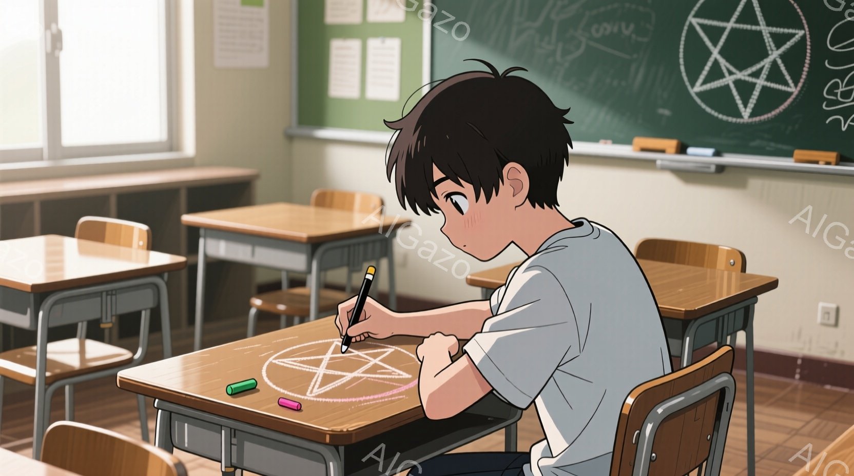 日本のアニメスタイルのイラストで、主人公が学校の教室に座っているところを描いています。彼は黒髪で、白のTシャツと青のジーンズを着ています。表情は紛らわしく、目を上げて純粋な表情を見せているようです。彼は手にペンを持ち、教室の黒板に魔法の儀式のパターンを描いています。背景は教室内で、学生のデスクや隅にある教師の机が確認できます。全体として、魔法と学校生活を混ぜた雰囲気を持っています。