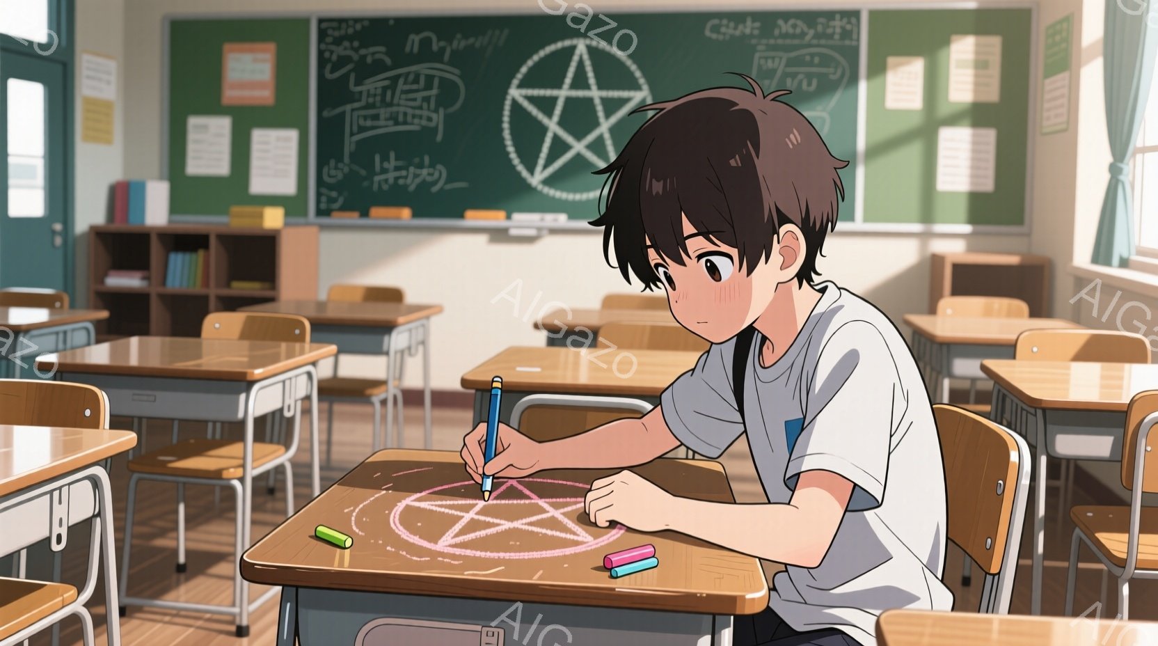 茶髪の少年が教室の机の上にペンタグラムを描いている。白いTシャツとズボンを身につけ、少し眉間にしわを寄せた表情をしている。背景には他の机や椅子が並び、黒板には落書きが描かれており、教室の自然光が差し込んでいる様子から、穏やかだがどこか物憂げな雰囲気が漂っている。