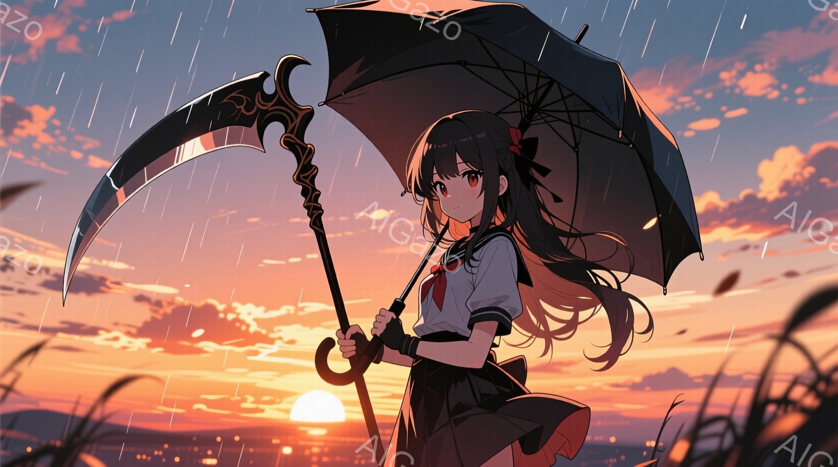 長い黒髪をサイドテールにした少女が、夕焼けを背景に黒い傘と鎌を持っています。彼女はセーラー服を着ており、少し微笑んだ表情で、どこか寂しげな雰囲気を醸し出しています。背景には夕焼けと草原、そして雨が降り - AI生成フリー素材