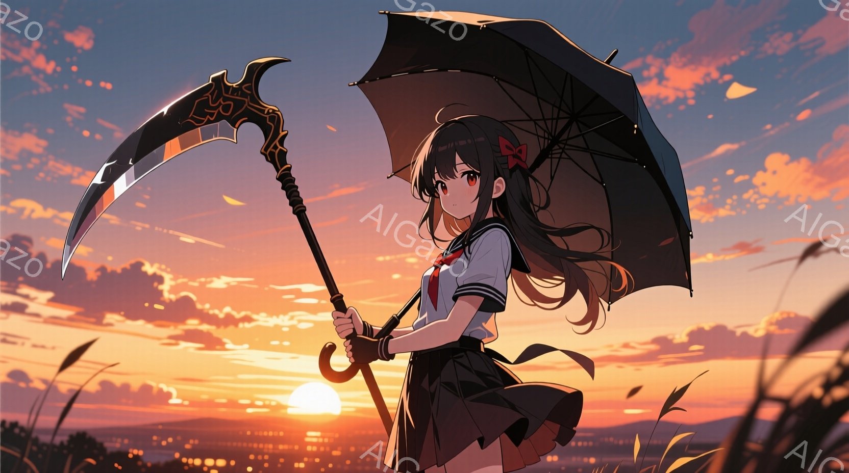夕焼けを背景に、セーラー服を着た少女が鎌のような武器を持っています。彼女は黒髪で、髪飾りをつけており、少し微笑んでいるような表情をしています。背景には夕焼け空と、遠くに見える街並み、そして草原の草が描 - AI生成フリー素材