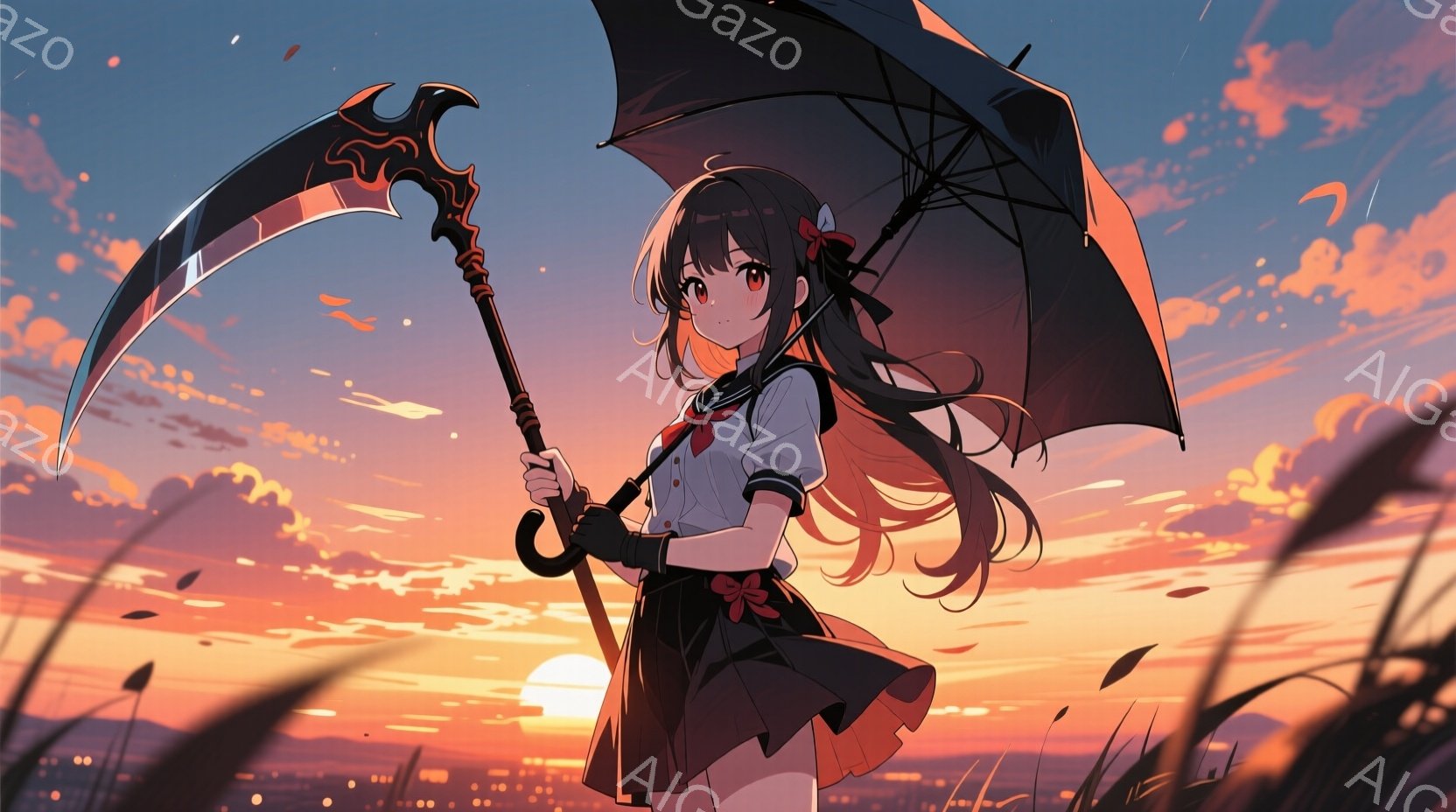 黒髪と金髪のツインテールに、赤いリボンをつけた少女が描かれています。彼女は制服を着ており、手に黒い鎌を持っています。背景は夕焼け空と都市の明かりで、草が生い茂っている場所で、どこか幻想的で少し不気味な - AI生成フリー素材