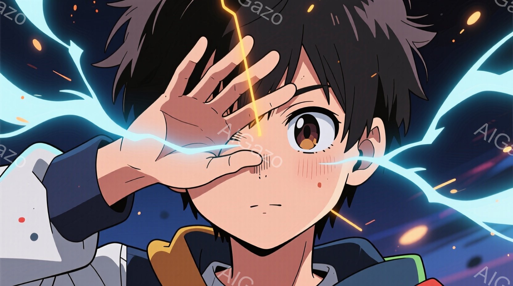 人物は、右手を眼前で上げ、左目を大きく開いた姿勢で驚きの表情をしています。服装は、覆面やコートなど、映画のスタンドに見えるようなもので、髪型は短く、目元が印象的であり、右腕から放たれている光線が周囲を切り裂くような気配を与えます。背景は絶大な破壊力の様子を表しており、炎や爆発音など、荒れた空間での戦いの雰囲気があります。