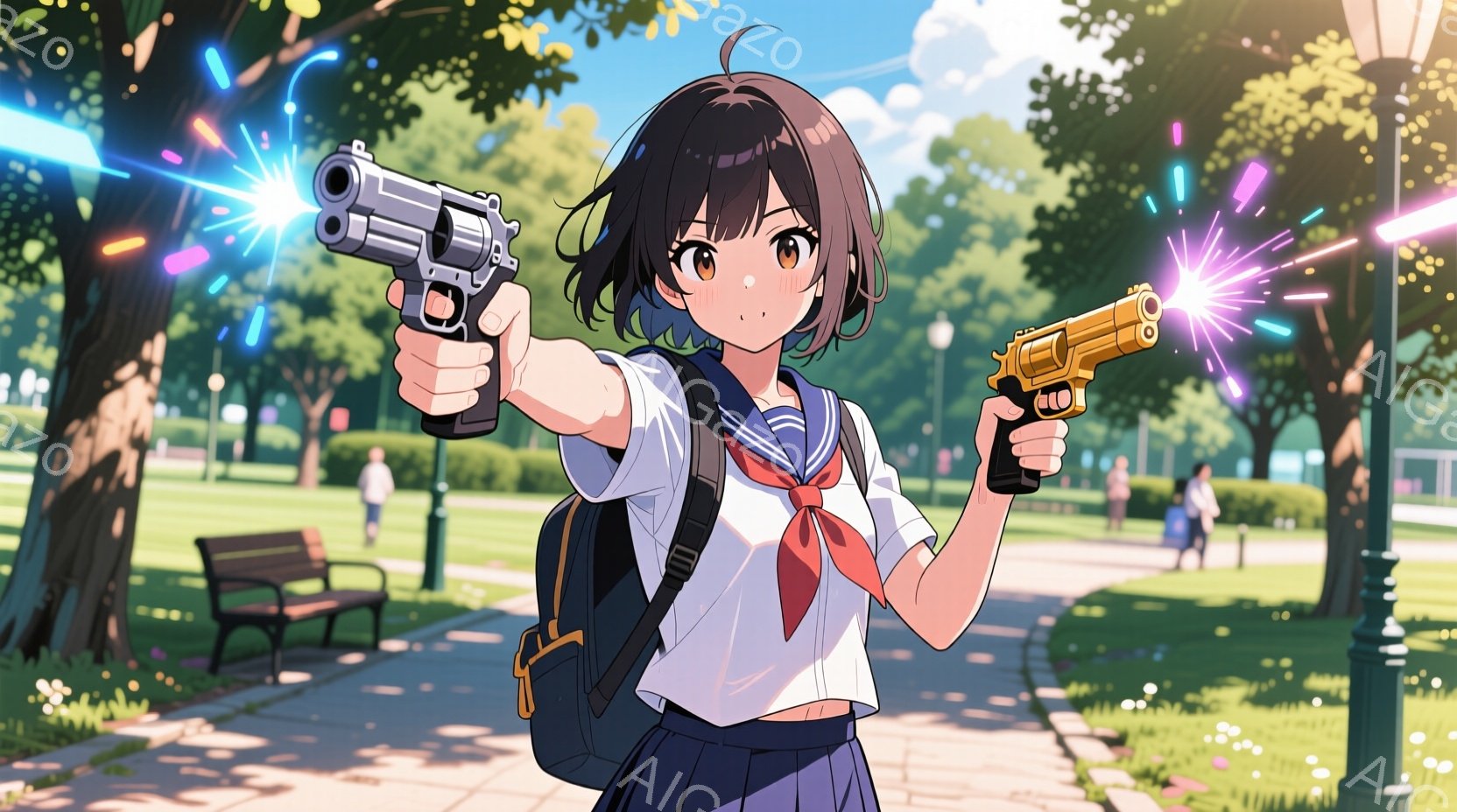 金髪で巻き髪の少女が、公園で両手に銃を構え、発砲している様子が描かれている。彼女はセーラー服を着ており、肩にはリュックサックを背負っている。背景には緑豊かな木々や歩道、そして遠くに見える建物があり、晴天で明るい日中の公園の様子が伺える。