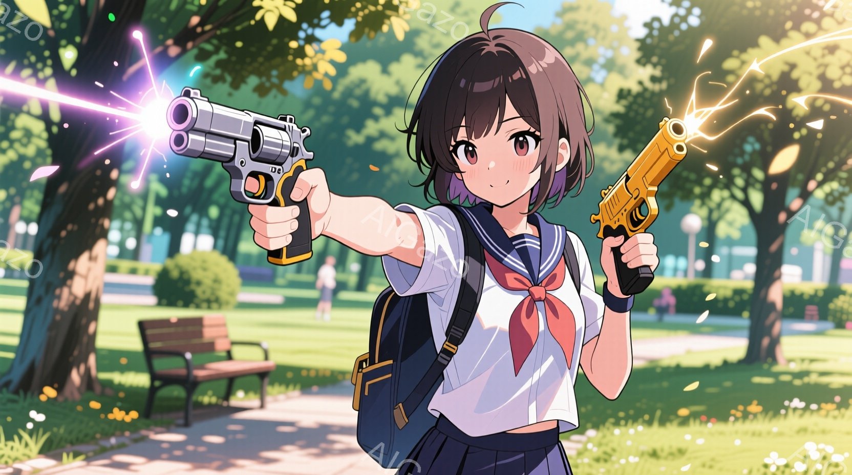 明るい茶色の髪を肩まで伸ばした少女が、制服姿で拳銃を構えている。背景には緑豊かな公園が広がり、木々や芝生、遠くに見える建物が確認できる。彼女は少し驚いた表情で、銃からは火花が飛び散り、活気と緊張感が混ざり合った雰囲気を醸し出している。