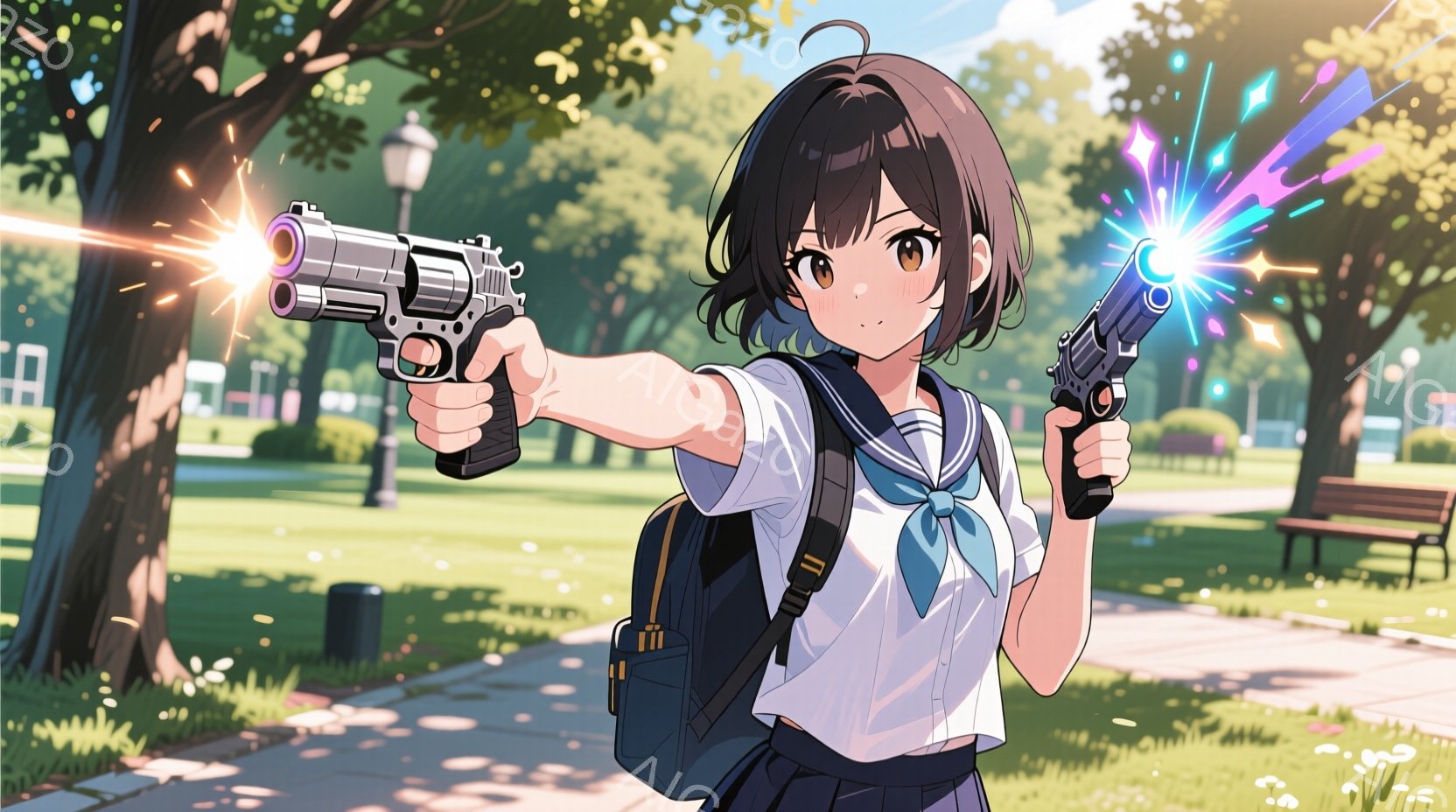 短い茶色の髪の少女が、公園で両手に銃を持って立っている。彼女はセーラー服と紺色のスカートを着ており、肩にはリュックサックを背負っている。背景には緑豊かな木々や建物が見え、晴天で光が差し込んでいる。 - AI生成フリー素材