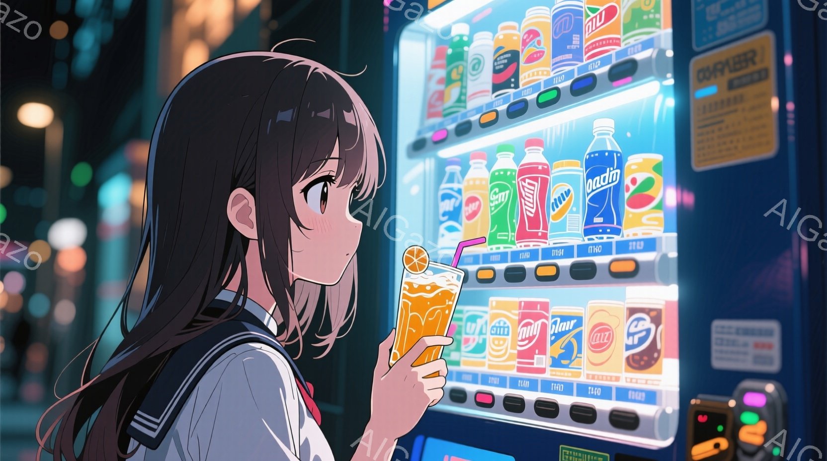 描写：少女が夜景の自動販売機前で、手を出して飲料を選ぶ表情で見る目を向ける。彼女は学生服を着用し、髪は長く下から目が見えない様子。背景には街の夜景と明るい店やビルが描かれており、幻想的な空間であることが感じさせます。