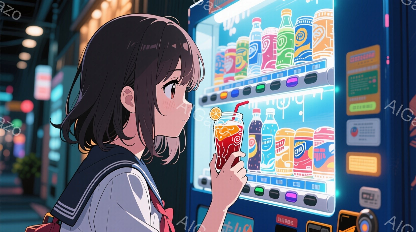 セーラー服を着た若い女性が自動販売機の前で飲み物を購入しようとしている様子が描かれています。彼女は茶色の髪を肩まで伸ばし、少し微笑んだ表情で、片手に飲み物を手に取っています。背景にはぼやけた街並みが見 - AI生成フリー素材