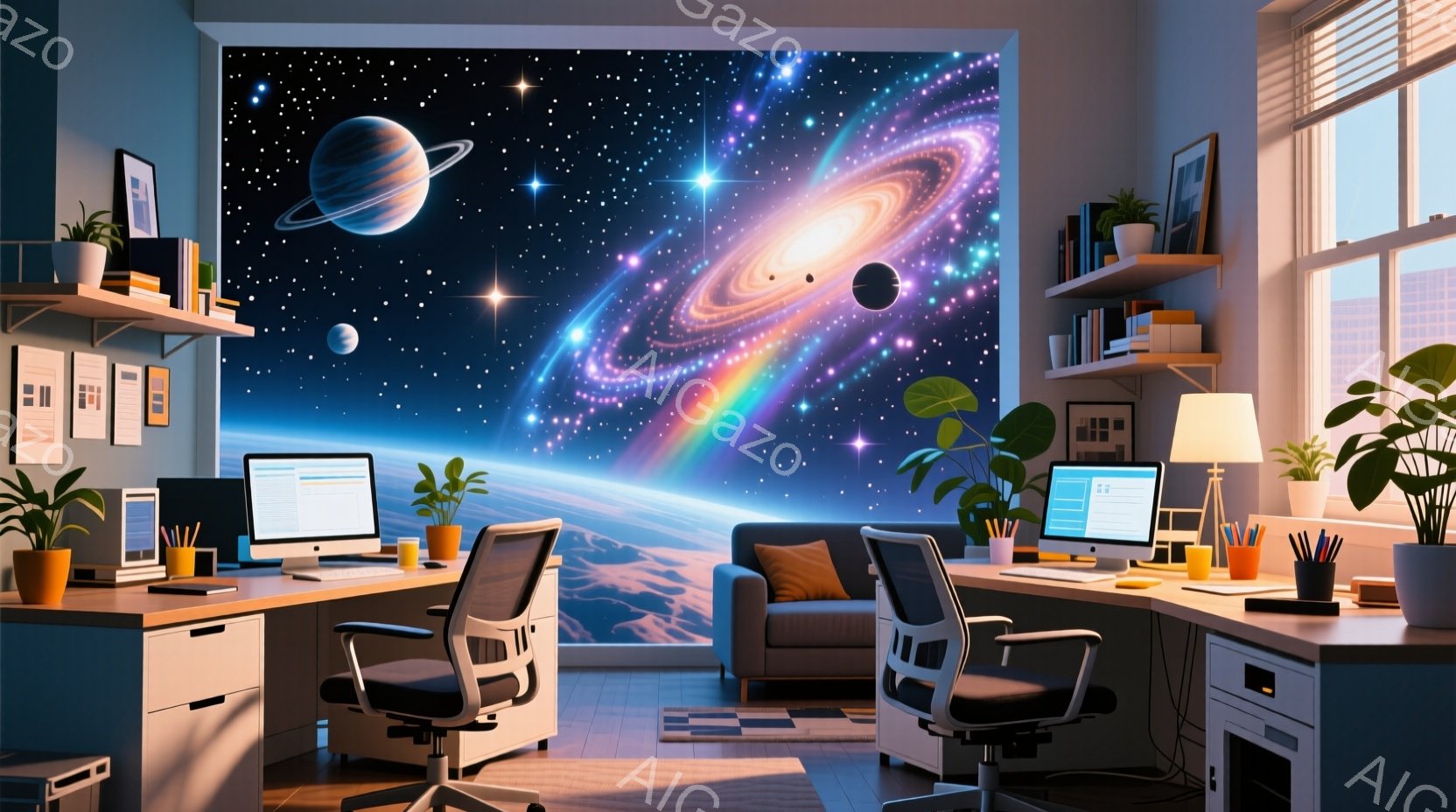 部屋は明るく、現代的な内装で、大きな窓から自然光が差し込んでいます。デスクが二つ配置され、それぞれにコンピューターと文房具が置かれ、仕事や勉強ができる環境が整っています。背景には、宇宙をイメージした壁 - AI生成フリー素材