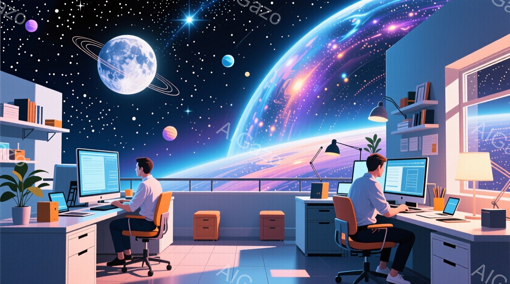 部屋の中で二人の男性が机に向かってパソコン作業をしている様子が描かれています。彼らは白いシャツと紺色のズボンを着用し、短髪で、集中してキーボードを見ているようです。背景には、惑星や星雲が広がる宇宙空間 - AI生成フリー素材