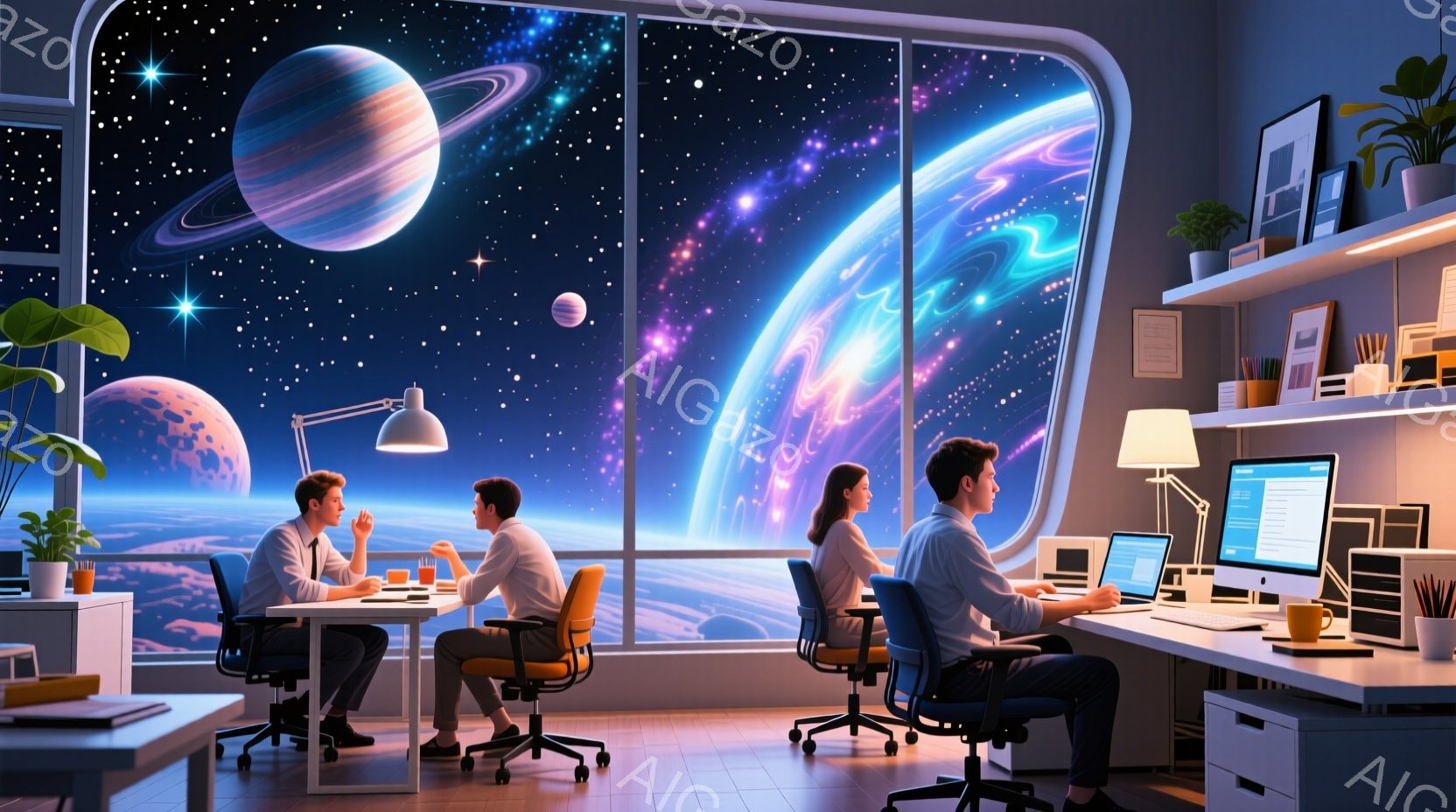 室内には、窓の外に広大な宇宙空間を背景に、4人のビジネスマンとビジネスウーマンがそれぞれのデスクで仕事をしている様子が描かれています。彼らは皆、フォーマルな服装で、集中して仕事に取り組んでいるか、電話 - AI生成フリー素材