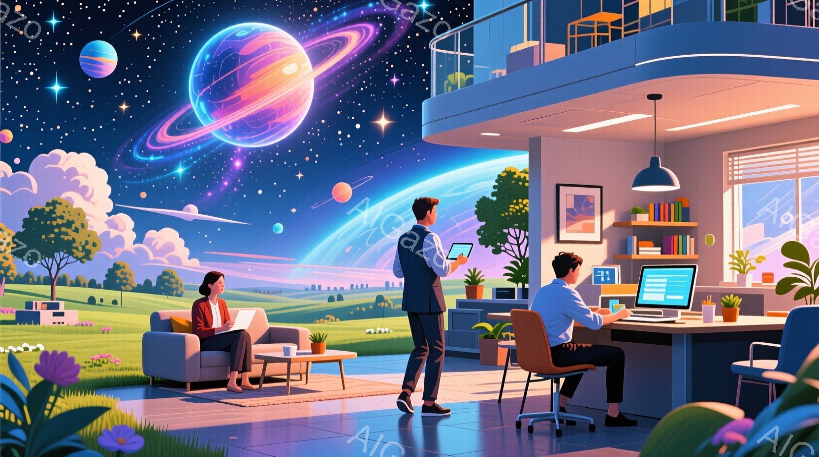 室内はモダンなオフィス空間で、窓の外には広大な緑地と幻想的な宇宙が広がっている。一人の男性がタブレットを持って立っており、もう一人の男性は机に向かってパソコンを使用している。女性はソファーに座り、リラ - AI生成フリー素材
