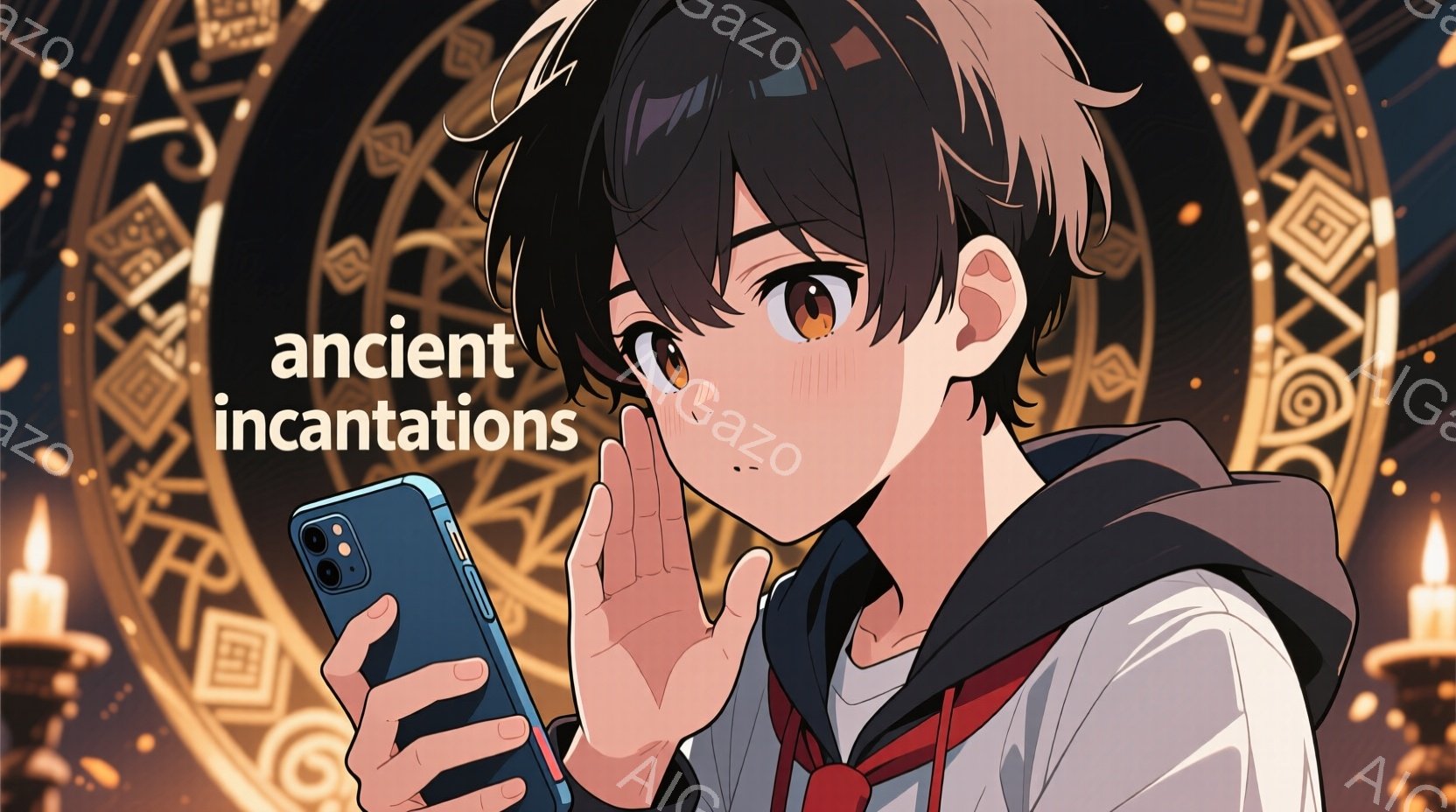 少年はスマートフォンを手に、何かを見つめている様子で、少し驚いたような表情をしています。彼は黒髪で、前髪が少し落ちており、赤いネクタイとスカーフ、白いシャツ、黒いジャケットを着用しています。背景には魔法陣のような模様と、ぼんやりとしたロウソクの光があり、神秘的な雰囲気を醸し出しています。