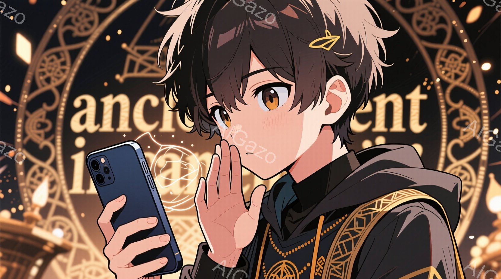 金髪の少年は、黒と金色の装飾が施されたジャケットを着ており、片手にスマートフォンを持っています。彼の表情は少し照れたようで、頬を赤らめています。背景は複雑な模様で覆われており、全体的に神秘的で華やかな - AI生成フリー素材