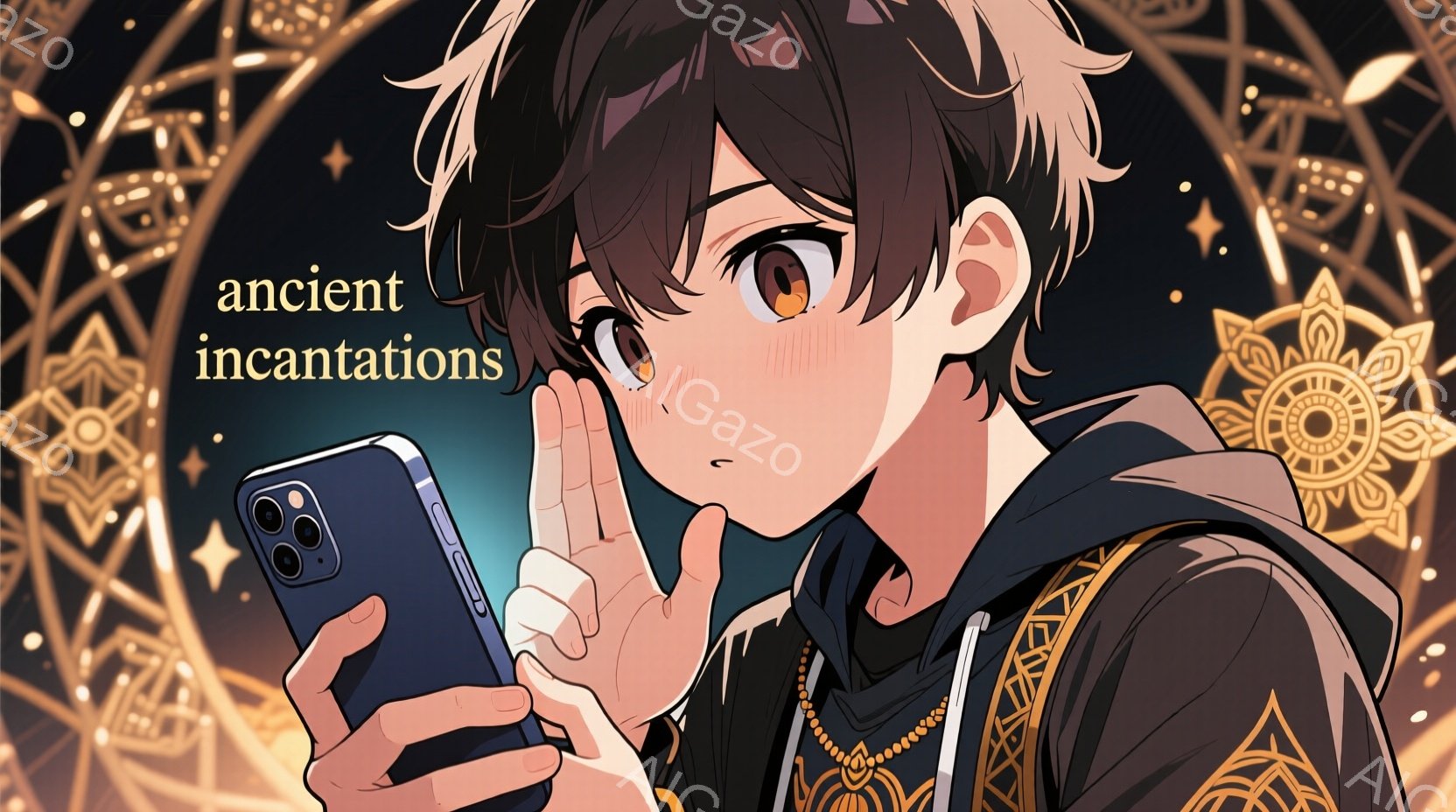 スマートフォンを操作する若い男性を描いています。彼は黒髪で、前髪が少し目にかかっており、金色のアクセサリーを身につけています。背景には複雑な模様が施された円形の装飾があり、全体的に神秘的な雰囲気を醸し出しています。