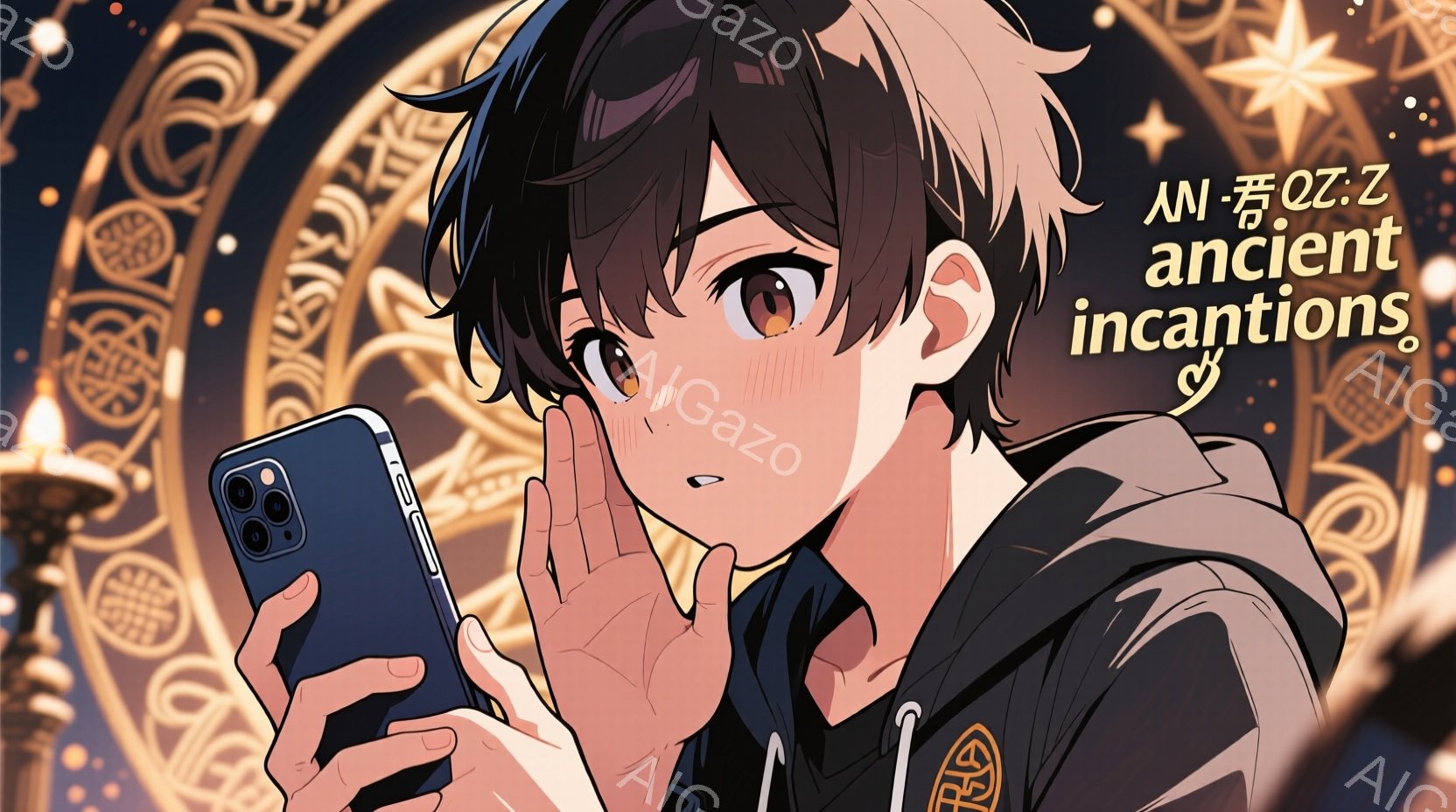 少年は黒いパーカーを着ており、襟元には白いラインが入っています。彼はスマートフォンを両手で持って、画面を覗き込むように見つめています。背景には金色の複雑な模様と、ぼんやりとした光の粒子が散りばめられて - AI生成フリー素材