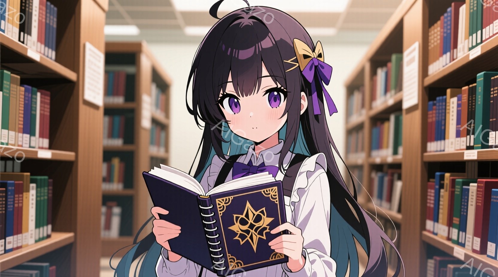 長い黒髪とターコイズブルーのメッシュが入った少女が、開いた本を熱心に読んでいる。白いブラウスとネクタイ、リボンがアクセントになった服装で、少し微笑んだ表情をしている。背景には、たくさんの本が並んだ書架 - AI生成フリー素材