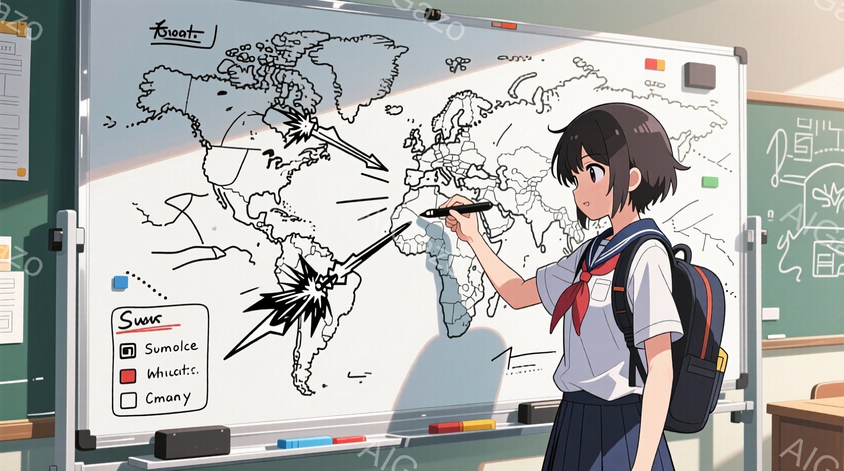 茶髪のショートヘアの女子学生が、世界地図が描かれた黒板の前でペンを持っている。彼女は制服を着ており、肩にリュックサックを背負い、南米大陸を指し示している。教室の背景には、棚やポスターがあり、全体的に学習に集中している、あるいは地理の授業風景を想起させる雰囲気がある。