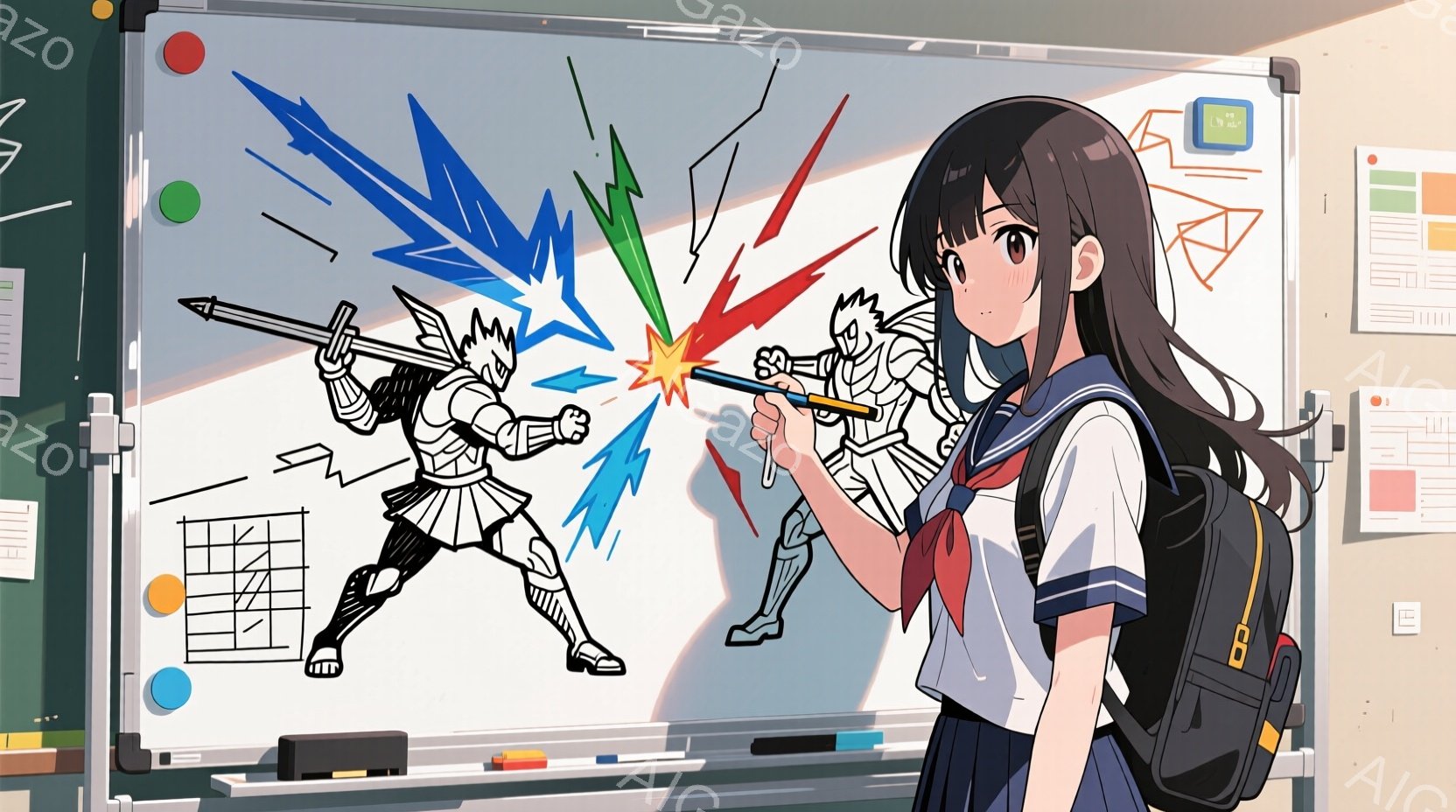 制服を着た少女が教室のホワイトボードの前に立っています。彼女は長い黒髪で、頬を赤らめており、ホワイトボードに剣戟を描いています。背景にはホワイトボードにカラフルな円や線が描かれており、教室の壁には掲示 - AI生成フリー素材